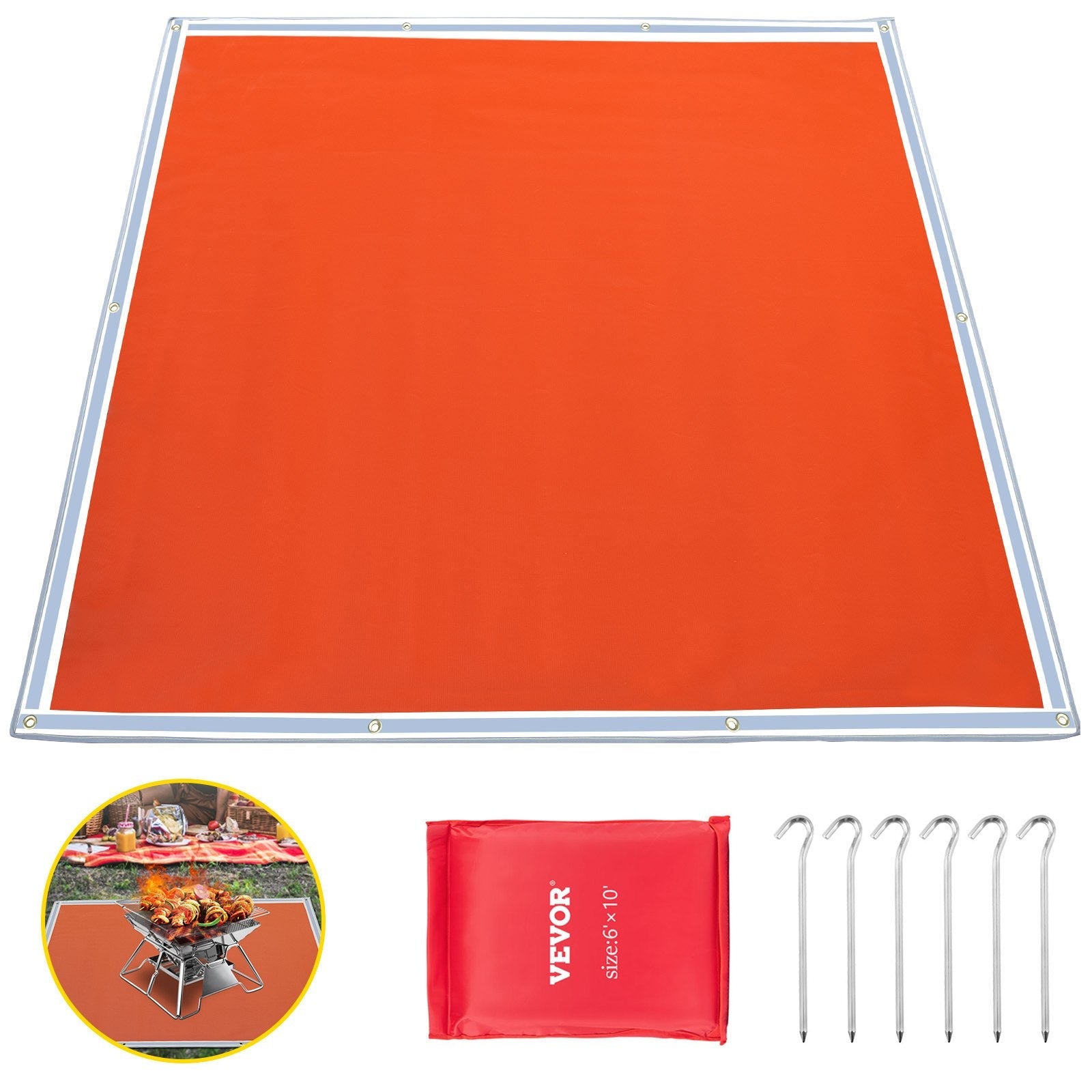VEVOR Fire Pit Mat, 67\" x 60\" Fire Blanket, Fiberglass Welding Blanket, 3.3 lbs Fireproof Blanket, 1022°F Fire Retardant Blanket, Rust Iron Red Emergency Fire Blanket w/ 10 Grommets & 6 Silver Hooks 
