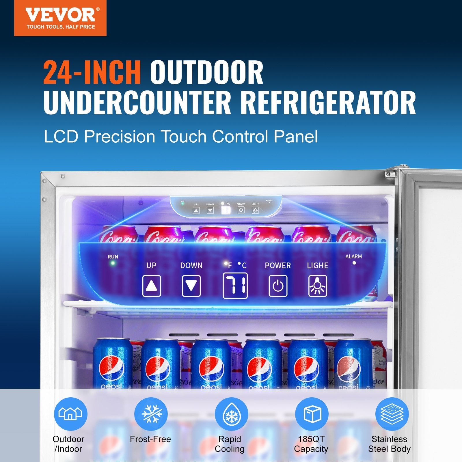 VEVOR 24 inch Indoor/Outdoor Beverage Refrigerator, 185QT Undercounter or Freestanding Beverage Fridge, 175 Cans Built-in Beer Fridge with Stainless Steel Body for Residential Home Bar Commercial Use 