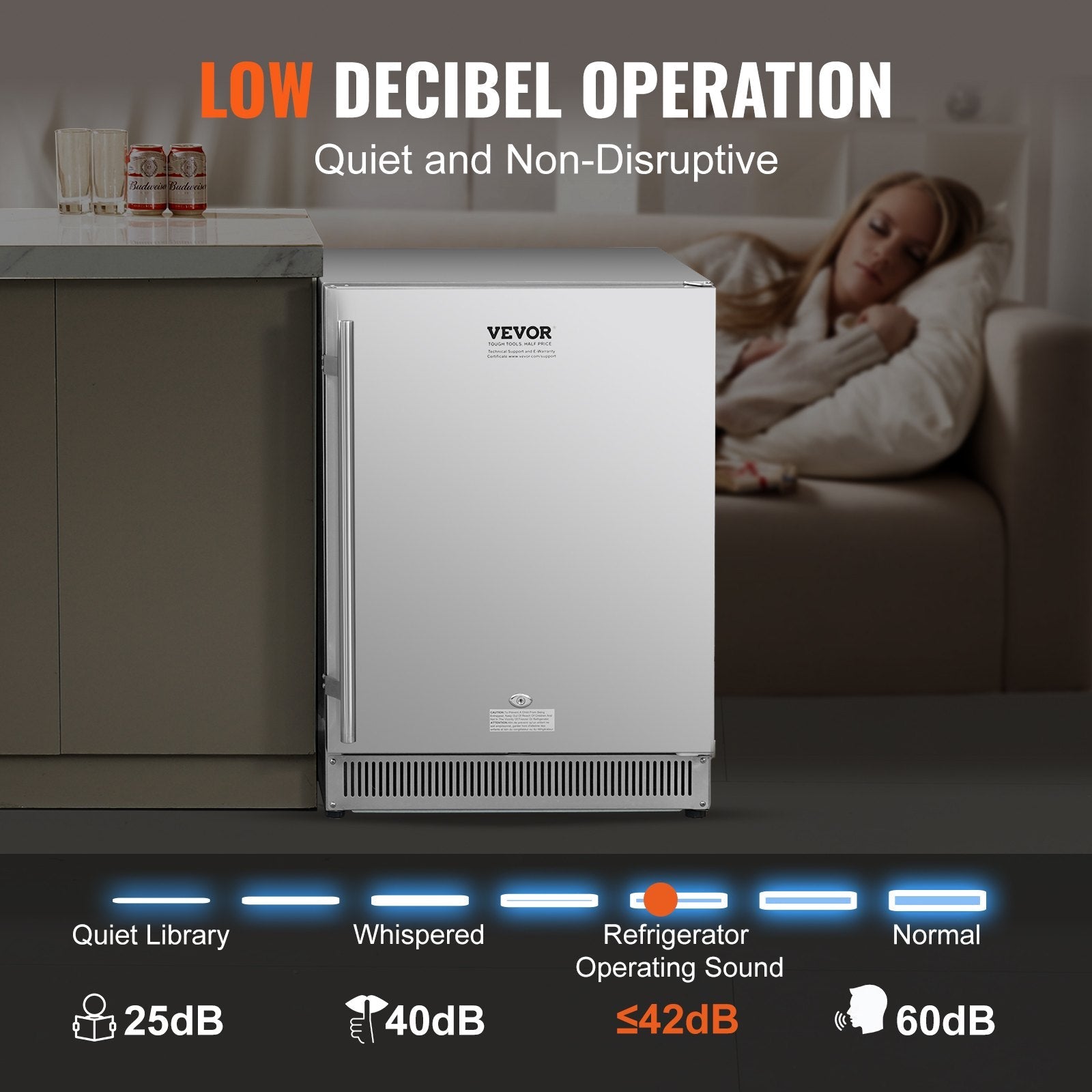 VEVOR 24 inch Indoor/Outdoor Beverage Refrigerator, 185QT Undercounter or Freestanding Beverage Fridge, 175 Cans Built-in Beer Fridge with Stainless Steel Body for Residential Home Bar Commercial Use 