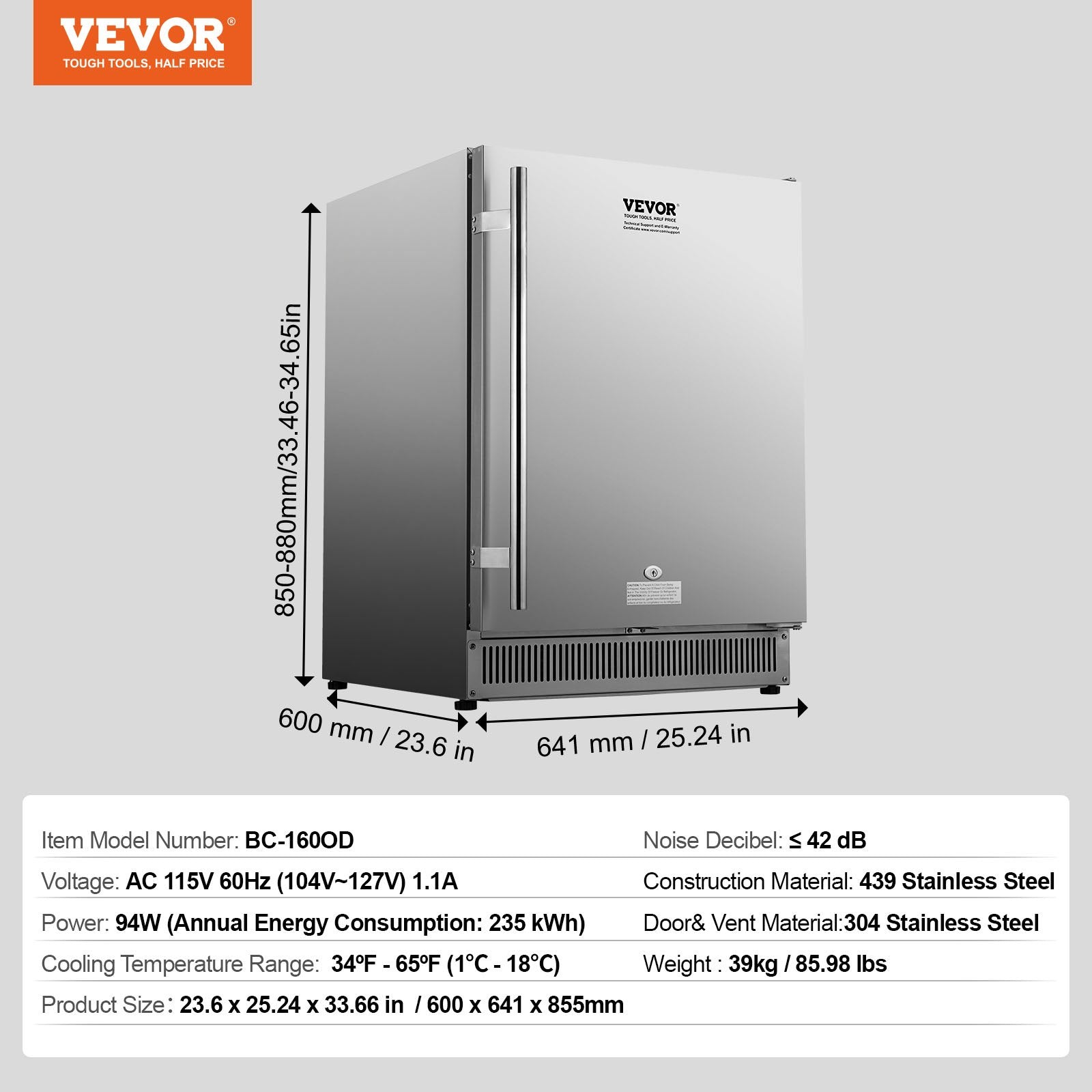 VEVOR 24 inch Indoor/Outdoor Beverage Refrigerator, 185QT Undercounter or Freestanding Beverage Fridge, 175 Cans Built-in Beer Fridge with Stainless Steel Body for Residential Home Bar Commercial Use 