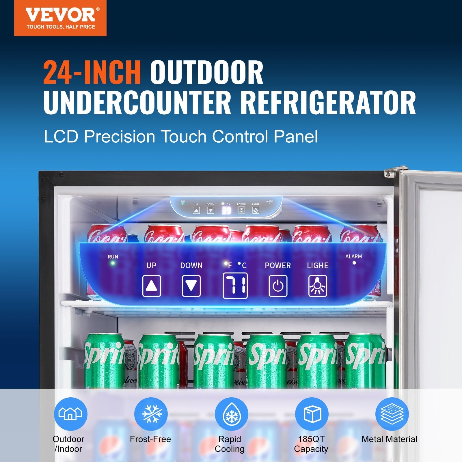 VEVOR 24 inch Indoor/Outdoor Beverage Refrigerator, 185QT Undercounter or Freestanding Beverage Fridge, 175 Cans Built-in Beer Fridge with Metal Plate Body for Residential Home Bar Commercial Use 