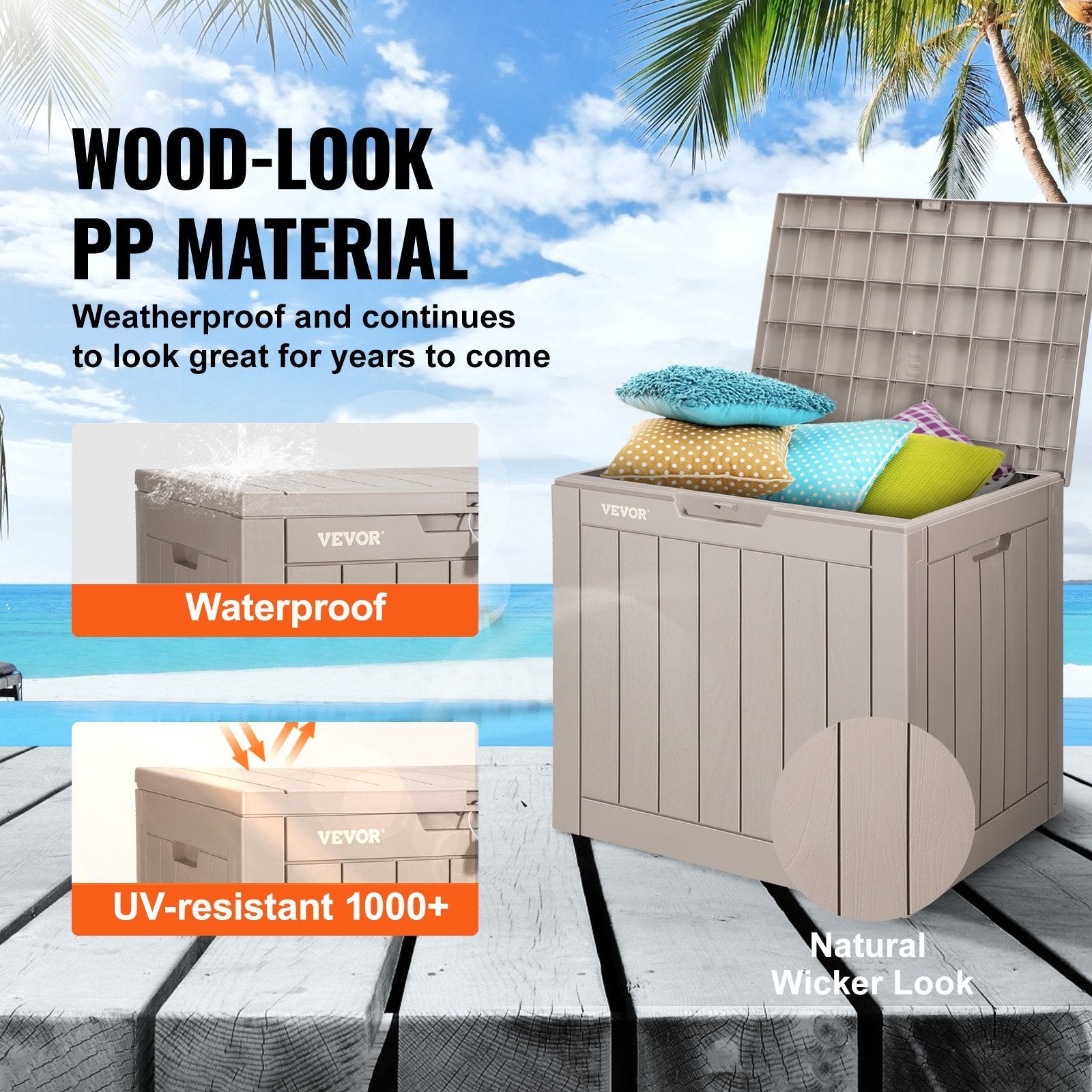 VEVOR Deck Box, 31 Gallon Outdoor Storage Box, 22.1" x 17.1" x 20.9" , Waterproof PP Deckbox with Aluminum Alloy Padlock, for Patio Furniture, Pool Toys, Garden Tools, Outdoor Cushions, Gray 