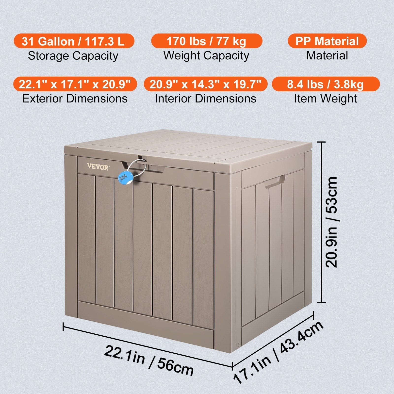 VEVOR Deck Box, 31 Gallon Outdoor Storage Box, 22.1" x 17.1" x 20.9" , Waterproof PP Deckbox with Aluminum Alloy Padlock, for Patio Furniture, Pool Toys, Garden Tools, Outdoor Cushions, Gray 