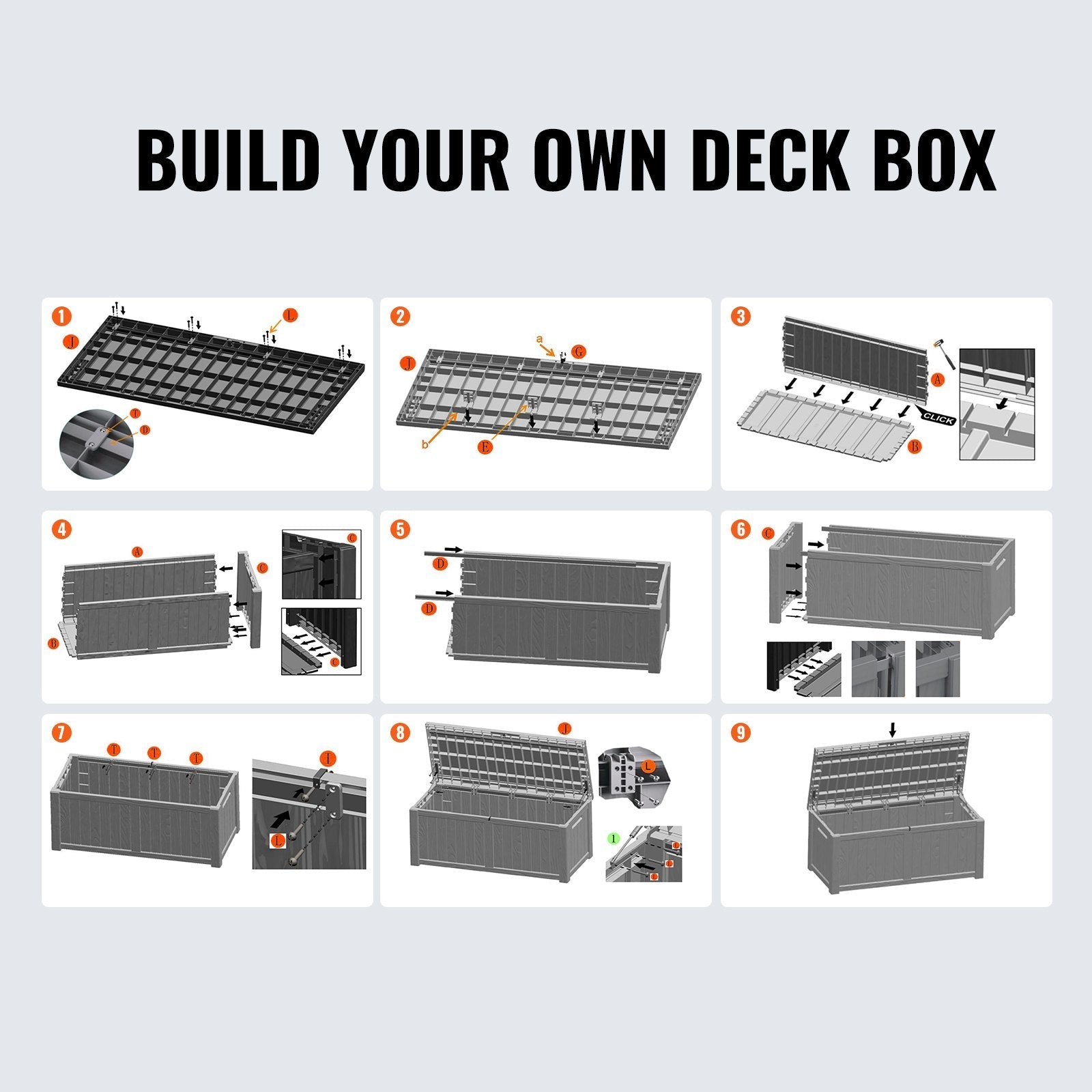 VEVOR Deck Box, 120 Gallon Outdoor Storage Box, 56.3" x 26.6" x 23.8", Waterproof PP Deckbox with Aluminum Alloy Padlock, for Patio Furniture, Pool Toys, Garden Tools, Outdoor Cushions, Gray 