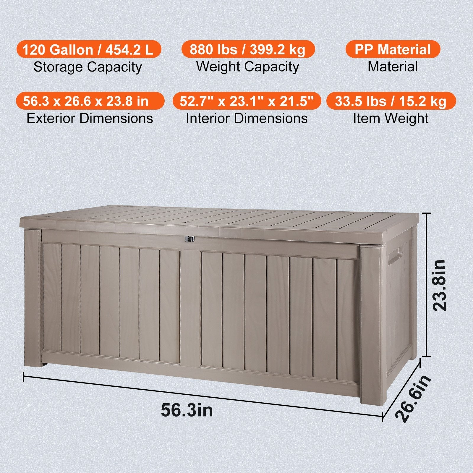 VEVOR Deck Box, 120 Gallon Outdoor Storage Box, 56.3" x 26.6" x 23.8", Waterproof PP Deckbox with Aluminum Alloy Padlock, for Patio Furniture, Pool Toys, Garden Tools, Outdoor Cushions, Gray 