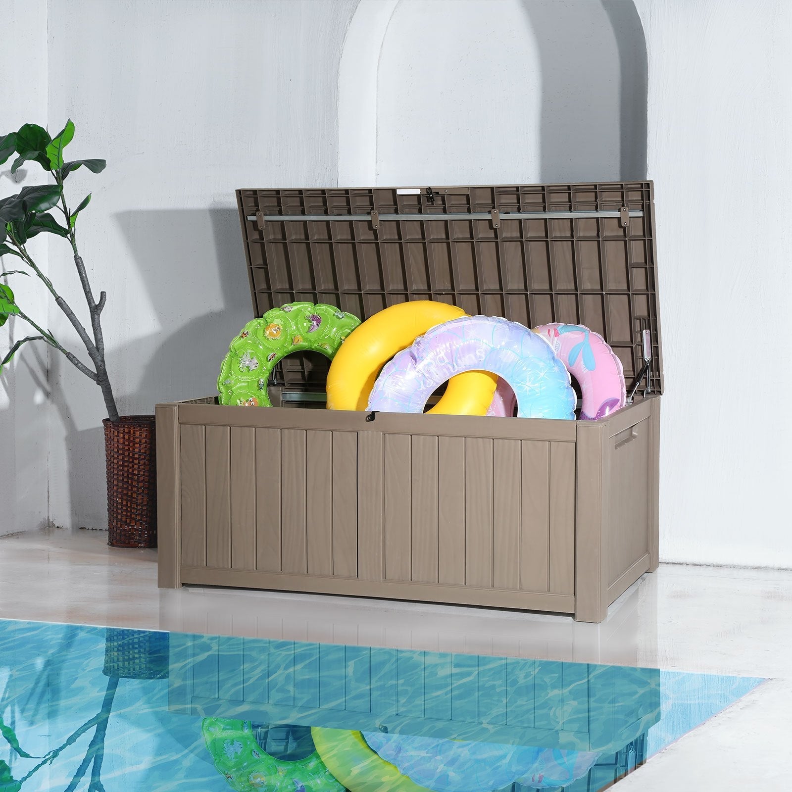VEVOR Deck Box, 120 Gallon Outdoor Storage Box, 56.3" x 26.6" x 23.8", Waterproof PP Deckbox with Aluminum Alloy Padlock, for Patio Furniture, Pool Toys, Garden Tools, Outdoor Cushions, Gray 