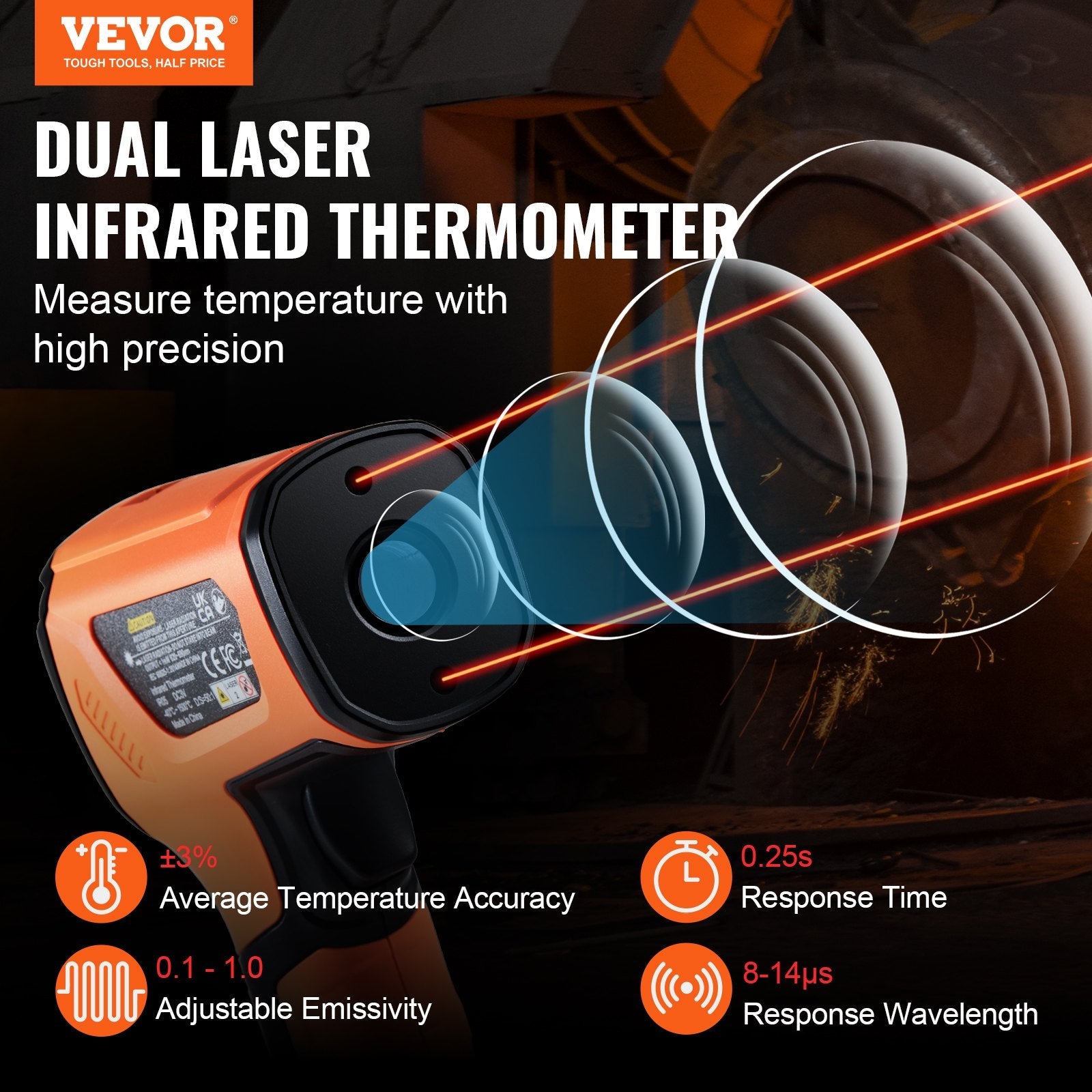 VEVOR Infrared Thermometer, -40~2732°F Dual Laser Temperature Gun Non-Contact, Handheld IR Heat Temperature Gun with Adjustable Emissivity for Metal Smelting/Cooking/Pizza Oven/Engine(Not for Human) 