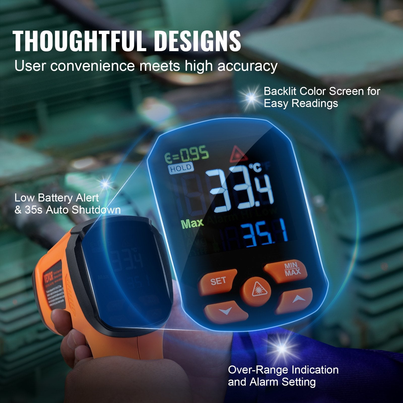 VEVOR Infrared Thermometer, -40~2732°F Dual Laser Temperature Gun Non-Contact, Handheld IR Heat Temperature Gun with Adjustable Emissivity for Metal Smelting/Cooking/Pizza Oven/Engine(Not for Human) 