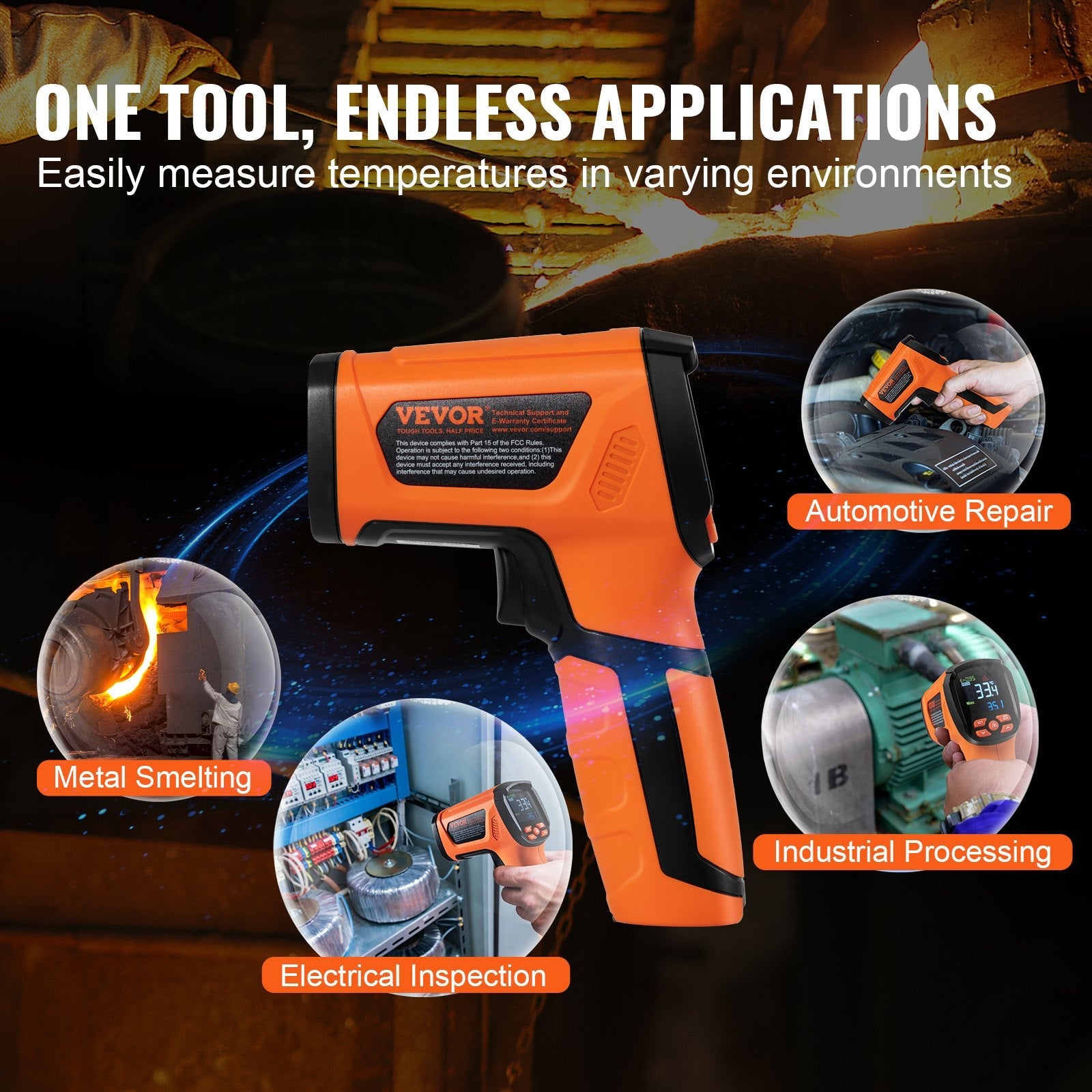 VEVOR Infrared Thermometer, -40~2732°F Dual Laser Temperature Gun Non-Contact, Handheld IR Heat Temperature Gun with Adjustable Emissivity for Metal Smelting/Cooking/Pizza Oven/Engine(Not for Human) 