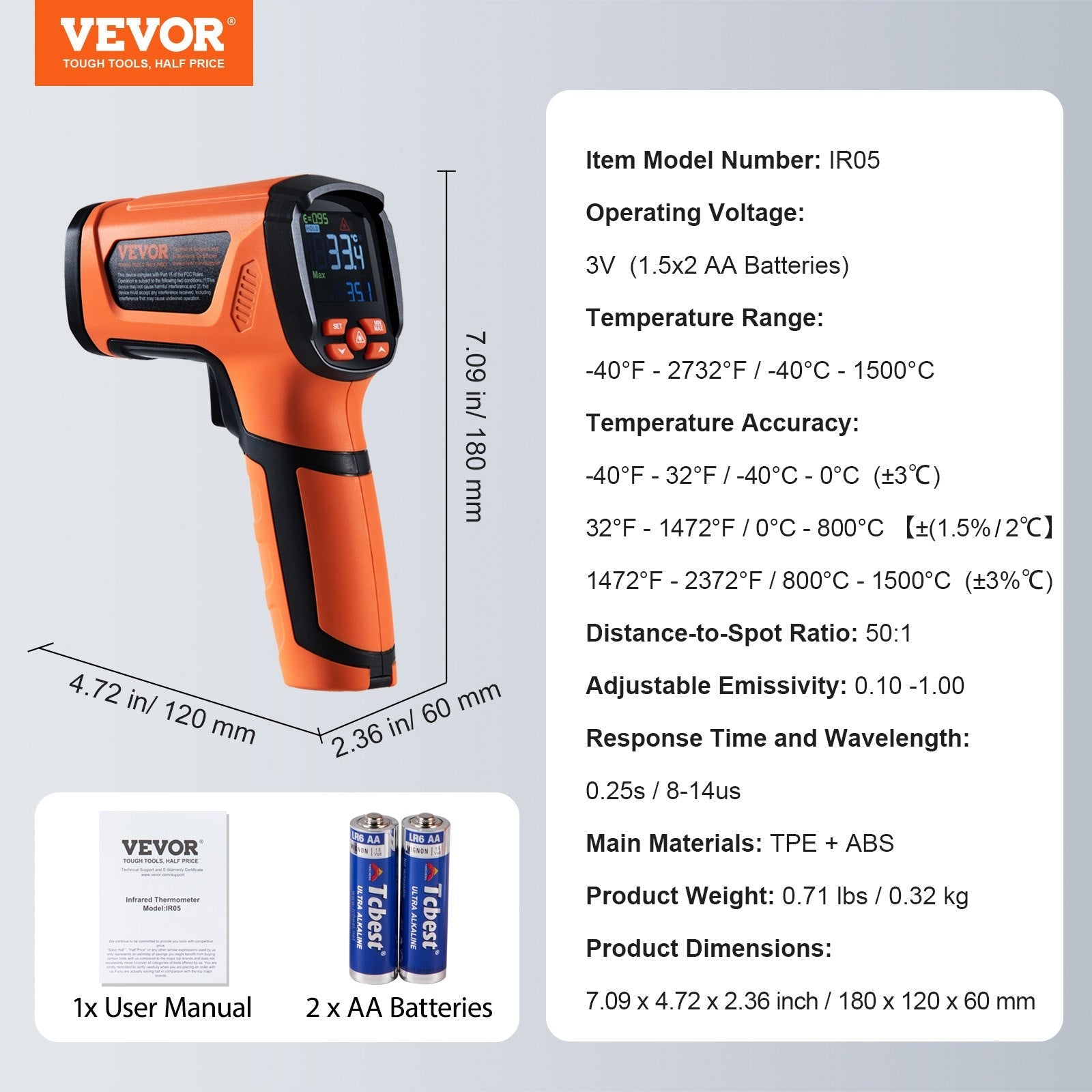 VEVOR Infrared Thermometer, -40~2732°F Dual Laser Temperature Gun Non-Contact, Handheld IR Heat Temperature Gun with Adjustable Emissivity for Metal Smelting/Cooking/Pizza Oven/Engine(Not for Human) 