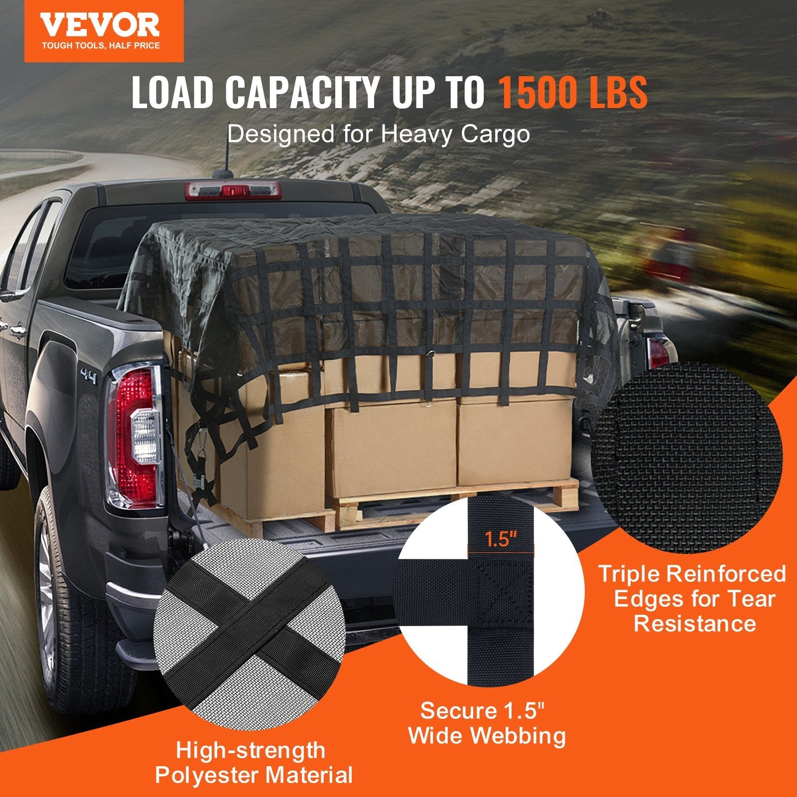VEVOR Cargo Net Heavy Duty Cargo Net 120" x 105" Adjustable Buckles & S-Hooks 