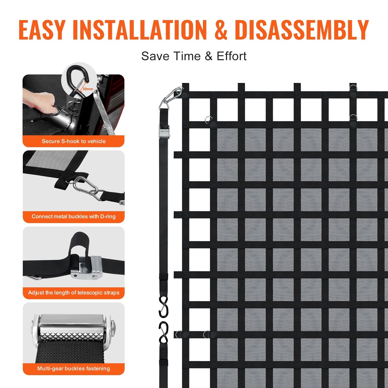 VEVOR Cargo Net Heavy Duty Cargo Net 120" x 105" Adjustable Buckles & S-Hooks 