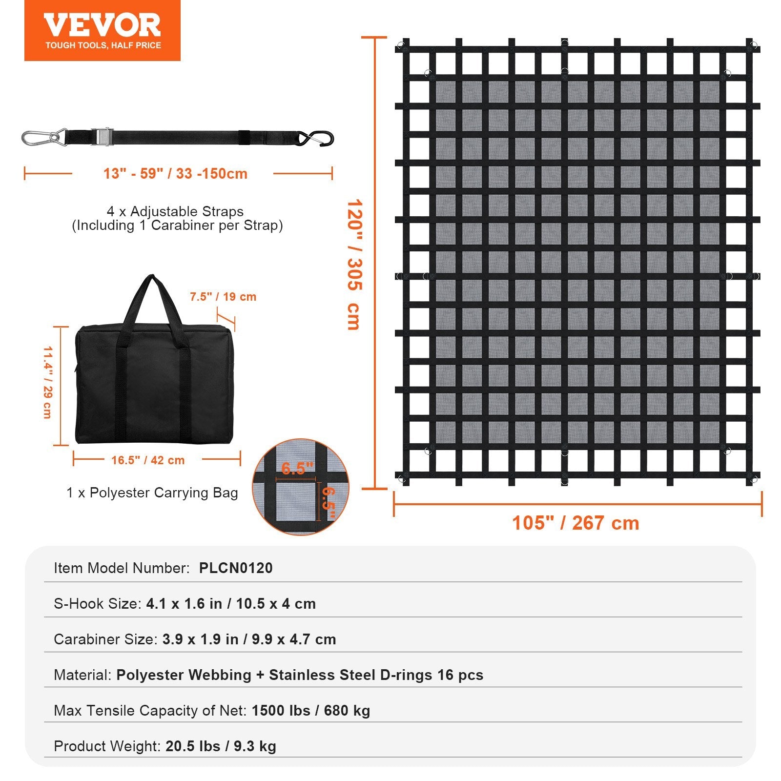 VEVOR Cargo Net Heavy Duty Cargo Net 120" x 105" Adjustable Buckles & S-Hooks 