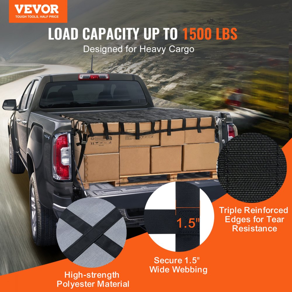 VEVOR Cargo Net Heavy Duty Cargo Net 72" x 57" Adjustable Buckles & S-Hooks 