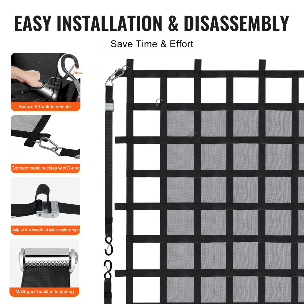 VEVOR Cargo Net Heavy Duty Cargo Net 72" x 57" Adjustable Buckles & S-Hooks 