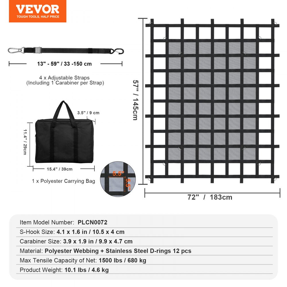 VEVOR Cargo Net Heavy Duty Cargo Net 72" x 57" Adjustable Buckles & S-Hooks 