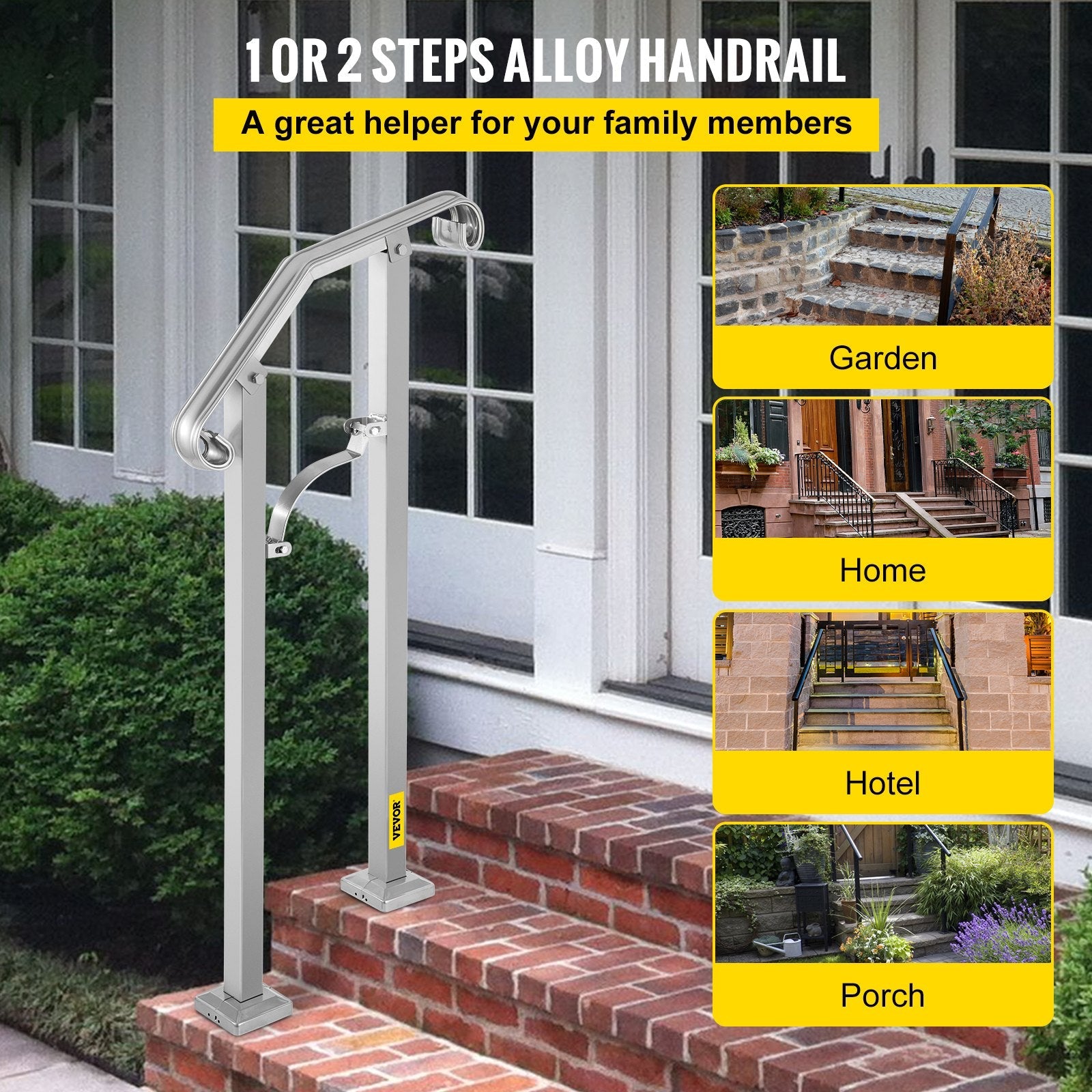 VEVOR Outdoor Stair Railing, Fit 1 or 2 Steps Alloy Metal Handrailing, Front Porch Flexible Transitional Handrail, Arch Step Rail With Installation Kit, for Concrete or Wooden Stairs, Silver 