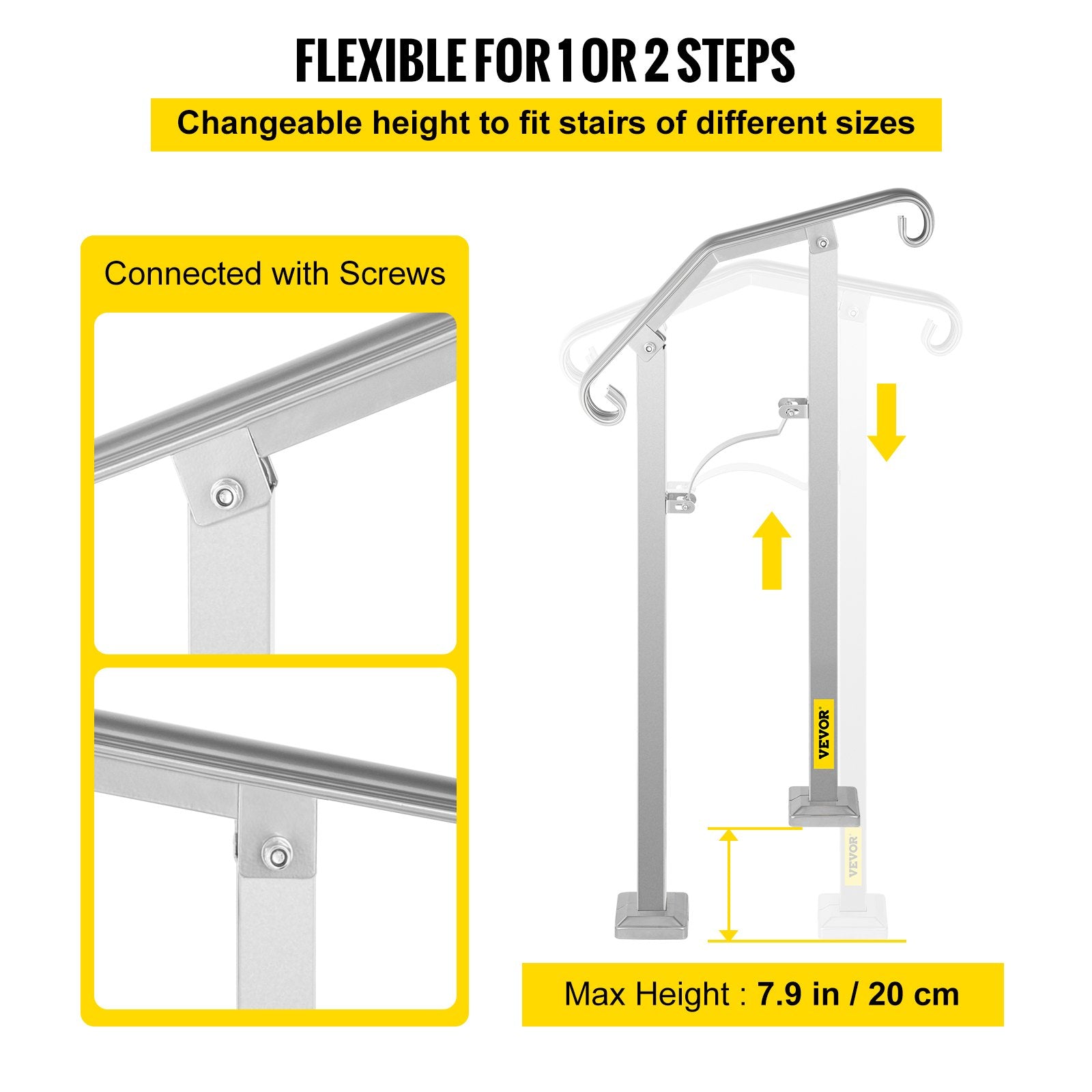 VEVOR Outdoor Stair Railing, Fit 1 or 2 Steps Alloy Metal Handrailing, Front Porch Flexible Transitional Handrail, Arch Step Rail With Installation Kit, for Concrete or Wooden Stairs, Silver 
