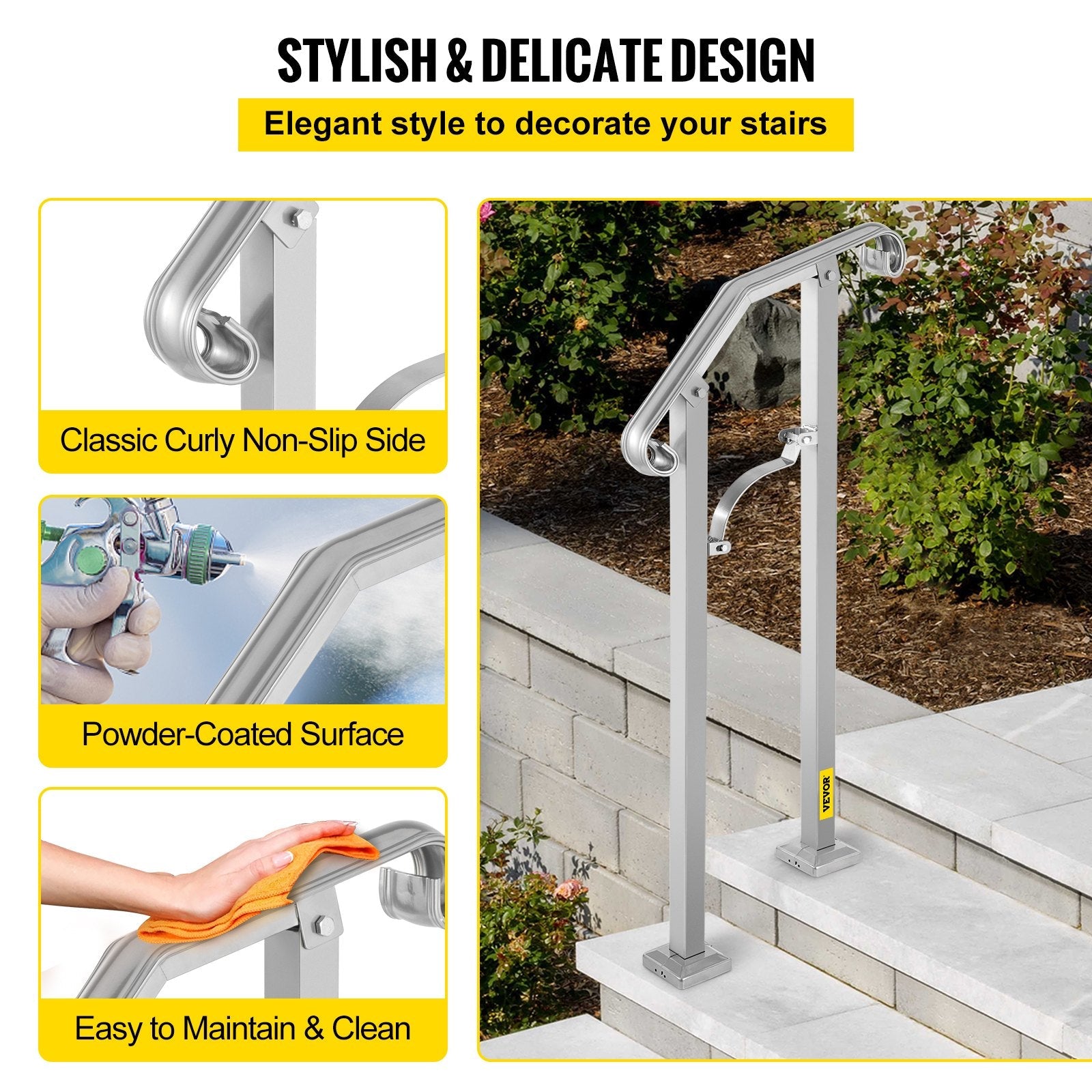 VEVOR Outdoor Stair Railing, Fit 1 or 2 Steps Alloy Metal Handrailing, Front Porch Flexible Transitional Handrail, Arch Step Rail With Installation Kit, for Concrete or Wooden Stairs, Silver 