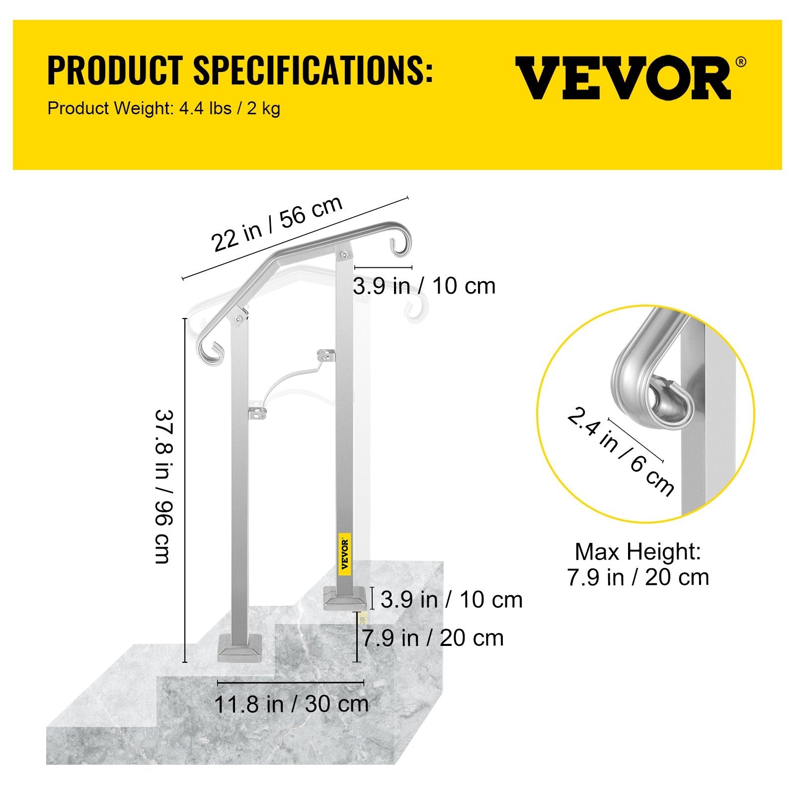 VEVOR Outdoor Stair Railing, Fit 1 or 2 Steps Alloy Metal Handrailing, Front Porch Flexible Transitional Handrail, Arch Step Rail With Installation Kit, for Concrete or Wooden Stairs, Silver 