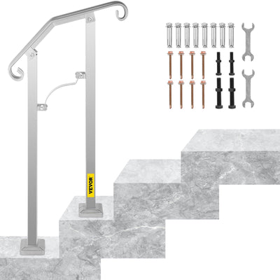 VEVOR Outdoor Stair Railing, Fit 1 or 2 Steps Alloy Metal Handrailing, Front Porch Flexible Transitional Handrail, Arch Step Rail With Installation Kit, for Concrete or Wooden Stairs, Silver 