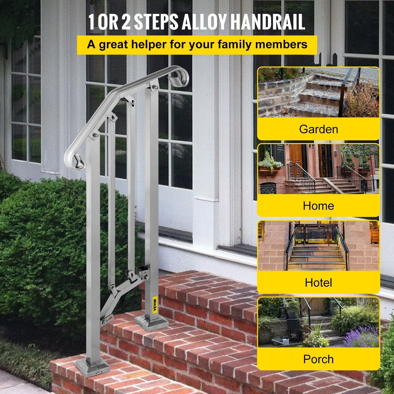 VEVOR Outdoor Stair Railing, Alloy Metal Hand Railing, Fit 1 or 2 Steps Flexible Transitional Handrail, Black Outdoor Stair Rail W/ Installation Kit, Step Handrail for Concrete or Wooden Stairs 