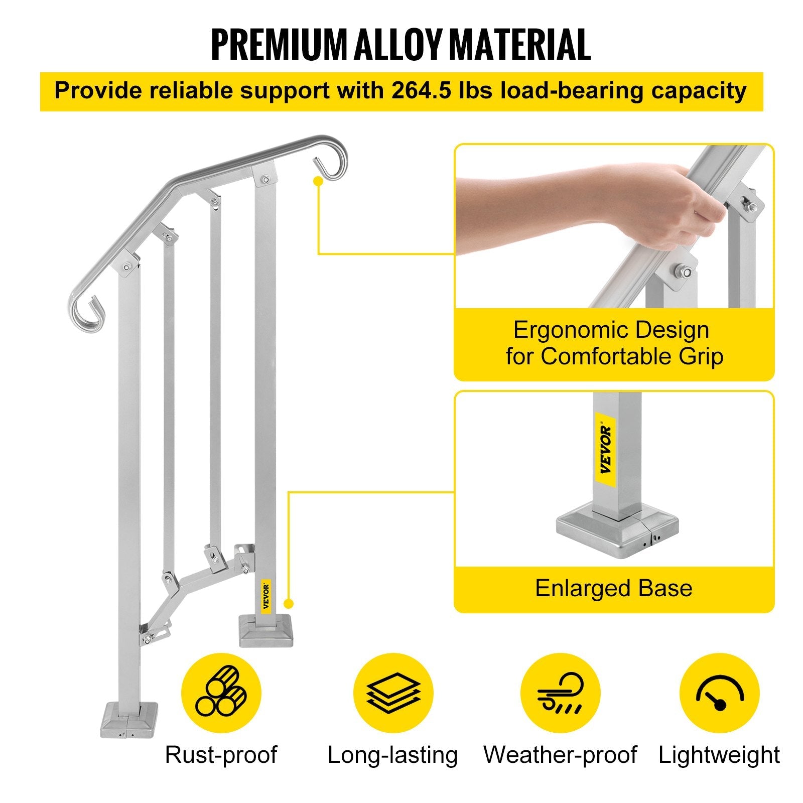 VEVOR Outdoor Stair Railing, Alloy Metal Hand Railing, Fit 1 or 2 Steps Flexible Transitional Handrail, Black Outdoor Stair Rail W/ Installation Kit, Step Handrail for Concrete or Wooden Stairs 