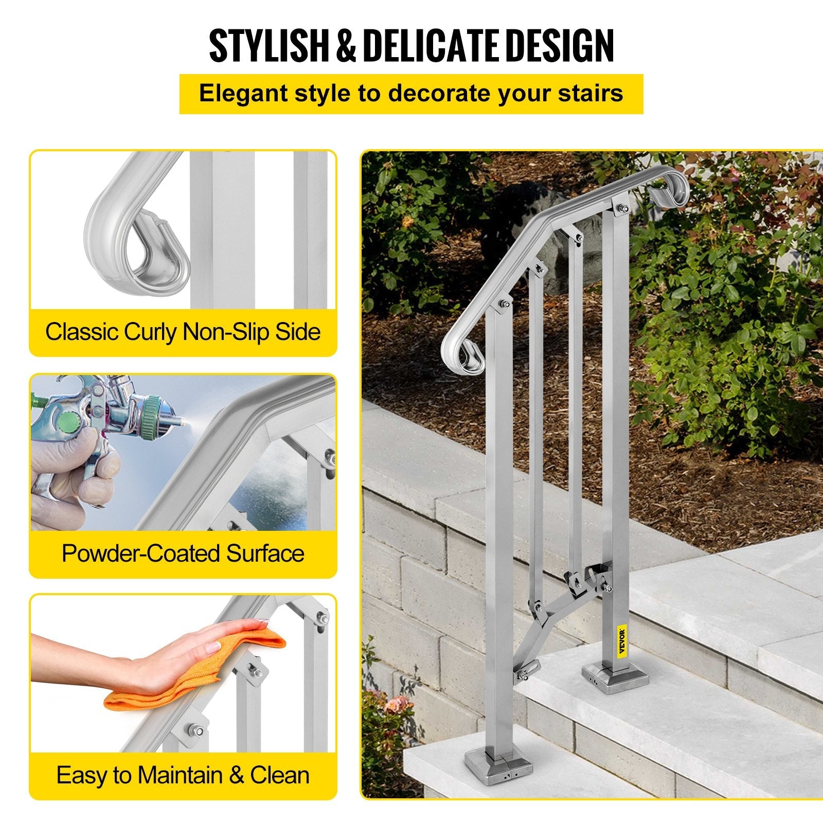 VEVOR Outdoor Stair Railing, Alloy Metal Hand Railing, Fit 1 or 2 Steps Flexible Transitional Handrail, Black Outdoor Stair Rail W/ Installation Kit, Step Handrail for Concrete or Wooden Stairs 