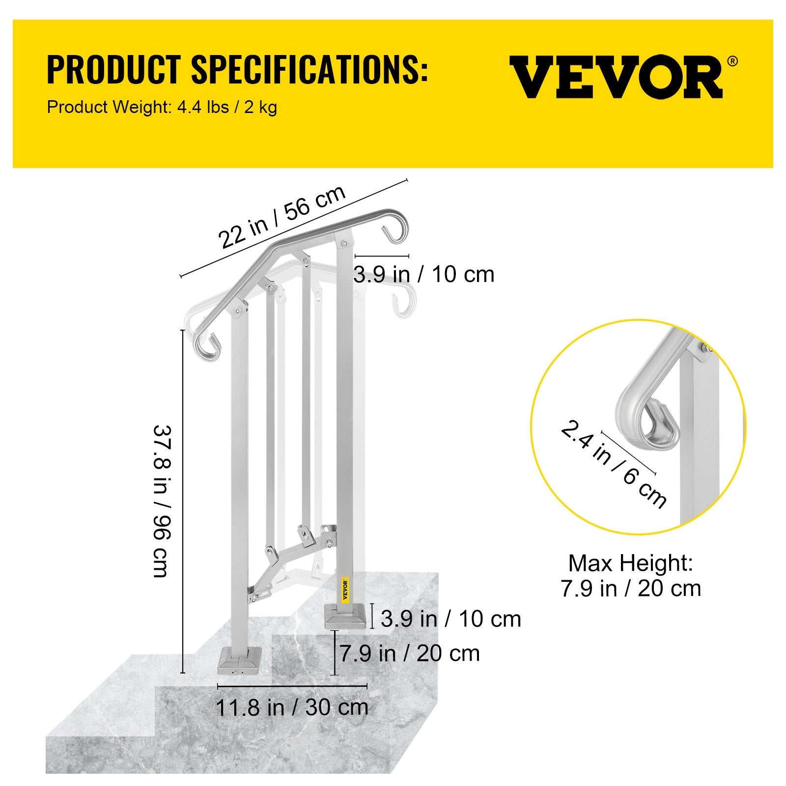 VEVOR Outdoor Stair Railing, Alloy Metal Hand Railing, Fit 1 or 2 Steps Flexible Transitional Handrail, Black Outdoor Stair Rail W/ Installation Kit, Step Handrail for Concrete or Wooden Stairs 