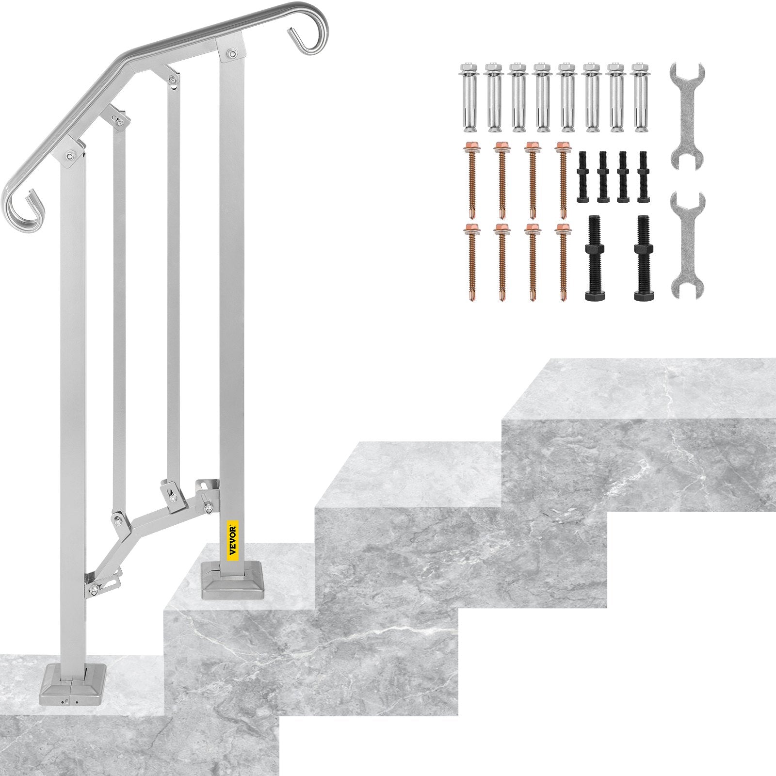 VEVOR Outdoor Stair Railing, Alloy Metal Hand Railing, Fit 1 or 2 Steps Flexible Transitional Handrail, Black Outdoor Stair Rail W/ Installation Kit, Step Handrail for Concrete or Wooden Stairs 