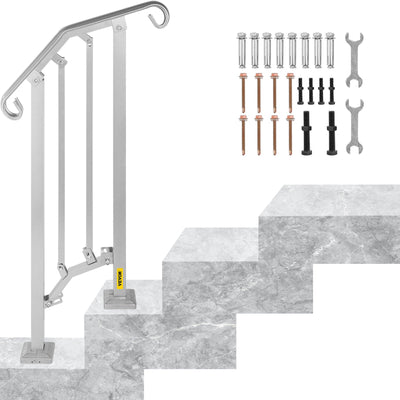 VEVOR Outdoor Stair Railing, Alloy Metal Hand Railing, Fit 1 or 2 Steps Flexible Transitional Handrail, Black Outdoor Stair Rail W/ Installation Kit, Step Handrail for Concrete or Wooden Stairs 