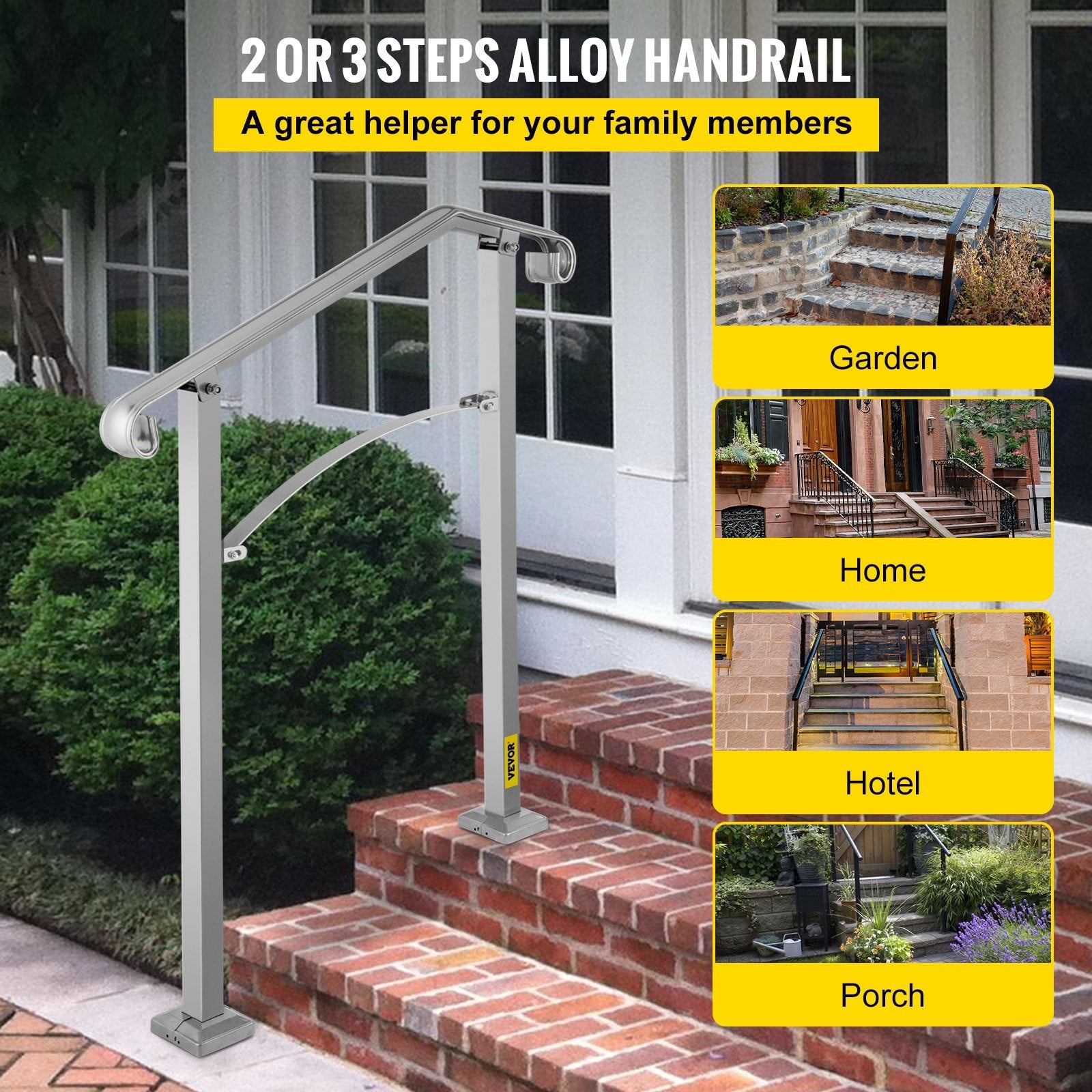 VEVOR Outdoor Stair Railing, Fit 2 or 3 Steps Alloy Metal Handrailing, Front Porch Flexible Transitional Handrail, Arch Step Rail With Installation Kit, for Concrete or Wooden Stairs, Silver 