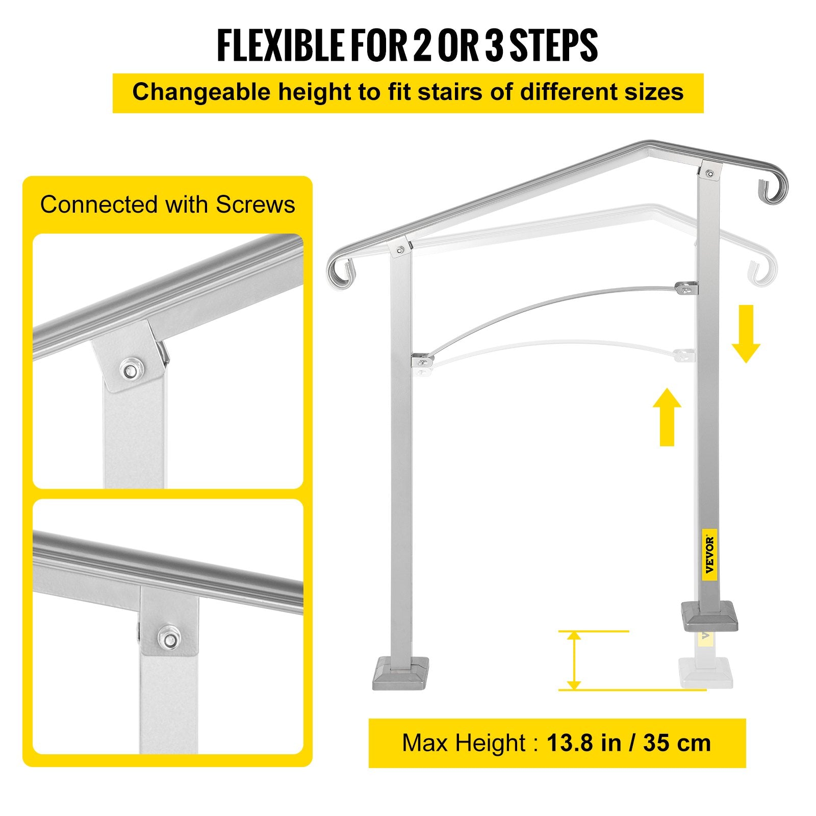 VEVOR Outdoor Stair Railing, Fit 2 or 3 Steps Alloy Metal Handrailing, Front Porch Flexible Transitional Handrail, Arch Step Rail With Installation Kit, for Concrete or Wooden Stairs, Silver 