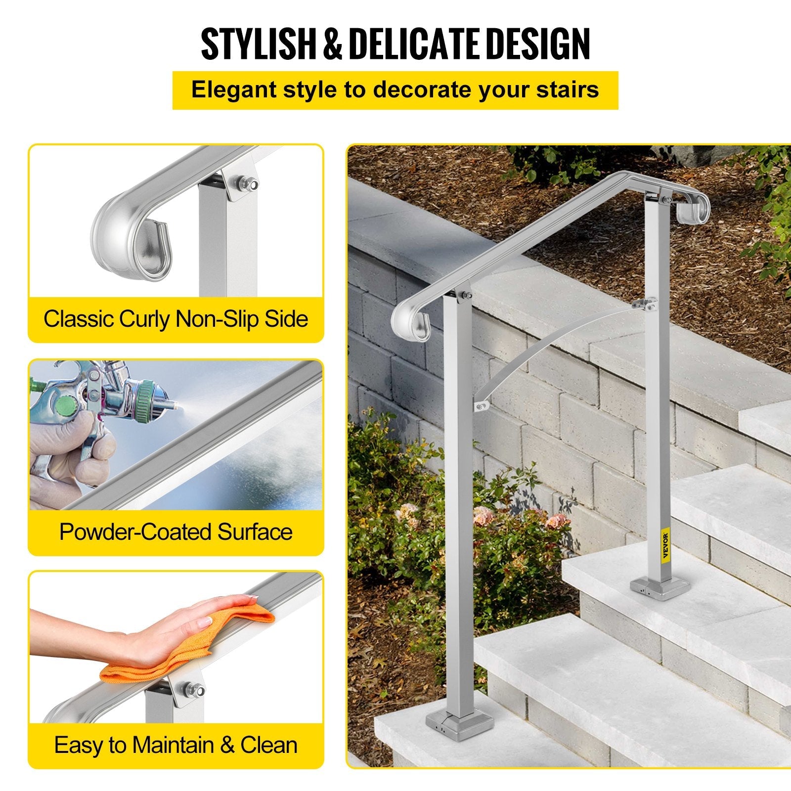 VEVOR Outdoor Stair Railing, Fit 2 or 3 Steps Alloy Metal Handrailing, Front Porch Flexible Transitional Handrail, Arch Step Rail With Installation Kit, for Concrete or Wooden Stairs, Silver 