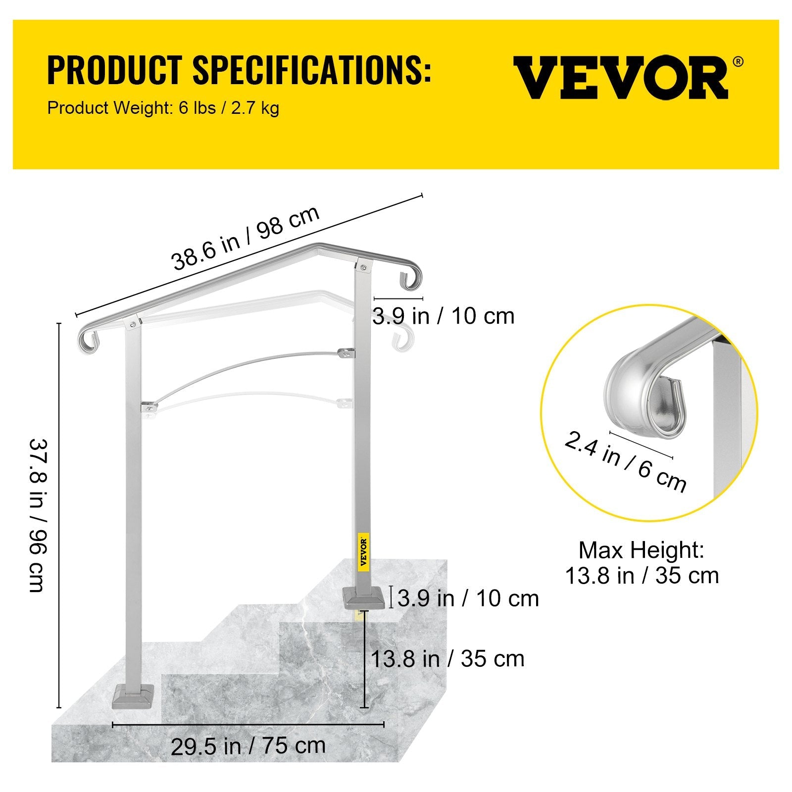 VEVOR Outdoor Stair Railing, Fit 2 or 3 Steps Alloy Metal Handrailing, Front Porch Flexible Transitional Handrail, Arch Step Rail With Installation Kit, for Concrete or Wooden Stairs, Silver 