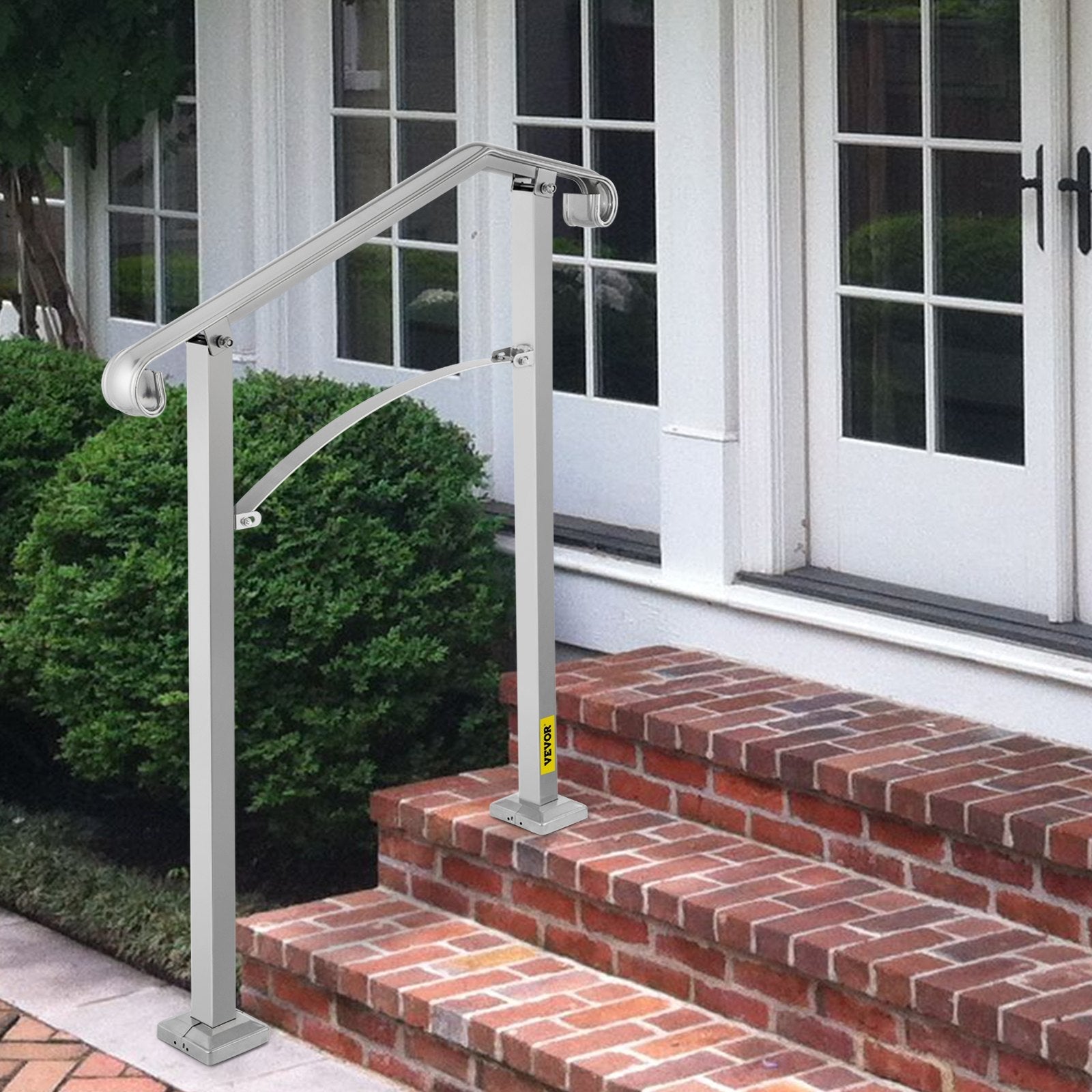 VEVOR Outdoor Stair Railing, Fit 2 or 3 Steps Alloy Metal Handrailing, Front Porch Flexible Transitional Handrail, Arch Step Rail With Installation Kit, for Concrete or Wooden Stairs, Silver 
