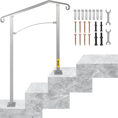 VEVOR Outdoor Stair Railing, Fit 2 or 3 Steps Alloy Metal Handrailing, Front Porch Flexible Transitional Handrail, Arch Step Rail With Installation Kit, for Concrete or Wooden Stairs, Silver 