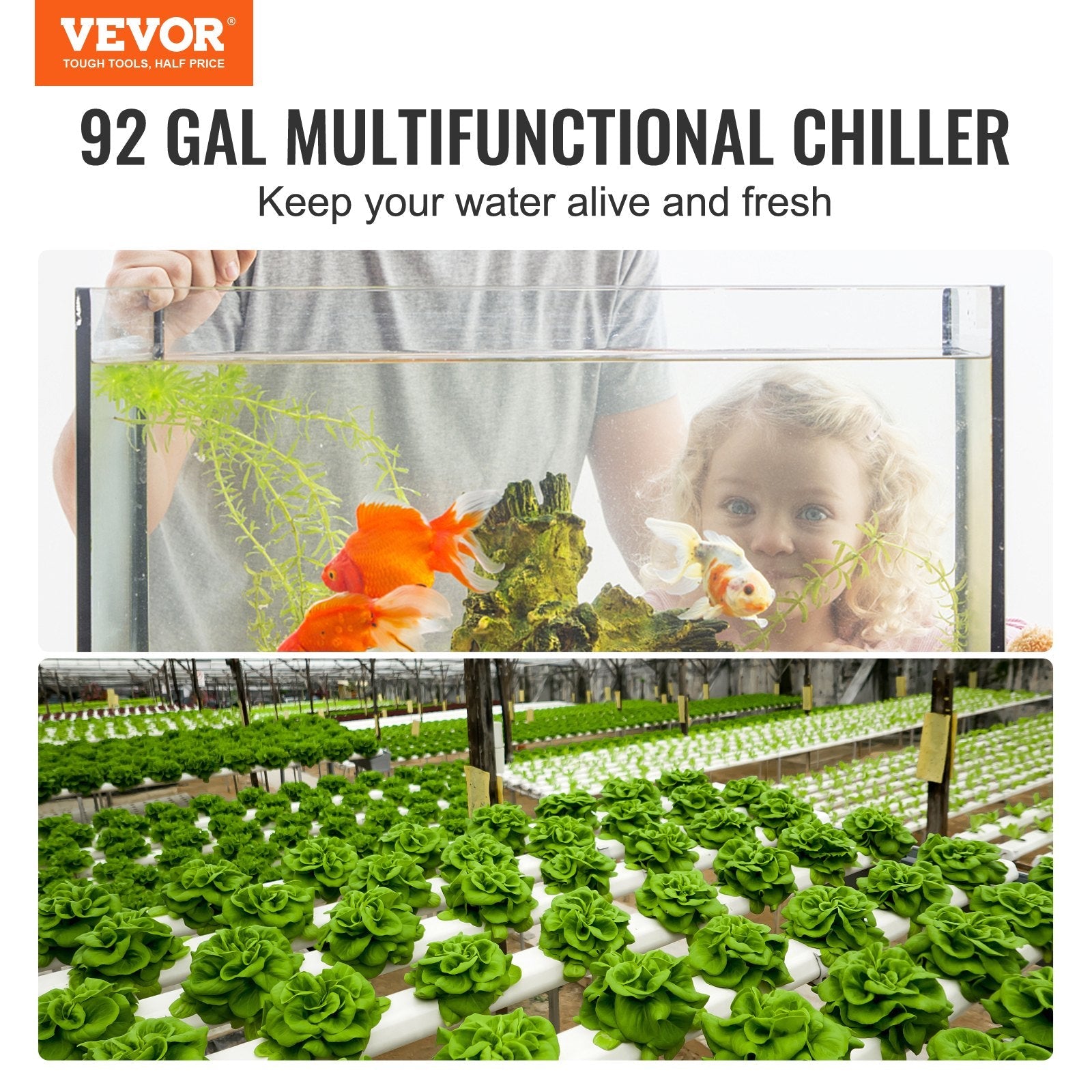VEVOR Aquarium Chiller, 92 Gal 348 L, 1/4 HP Hydroponic Water Chiller, Quiet Refrigeration Compressor for Seawater and Fresh Water, Fish Tank Cooling System with Pump/Hose, for Jellyfish, Coral Reef 