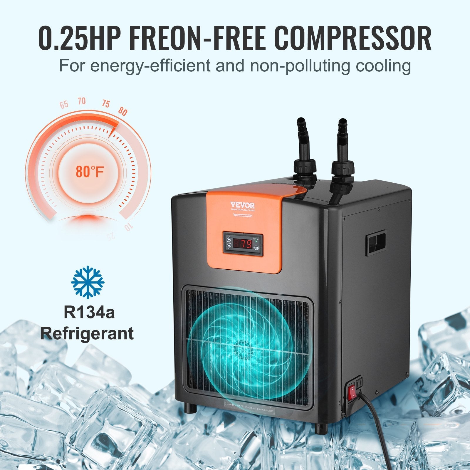 VEVOR Aquarium Chiller, 92 Gal 348 L, 1/4 HP Hydroponic Water Chiller, Quiet Refrigeration Compressor for Seawater and Fresh Water, Fish Tank Cooling System with Pump/Hose, for Jellyfish, Coral Reef 
