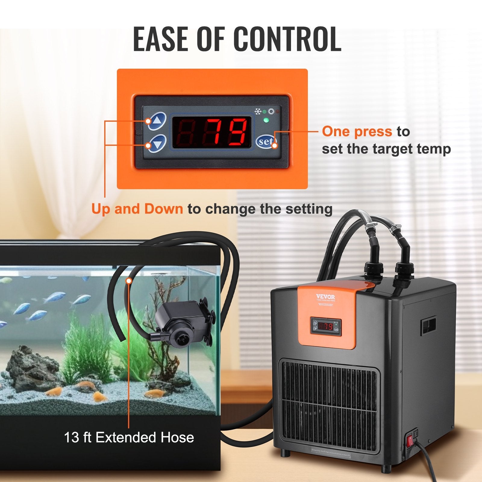VEVOR Aquarium Chiller, 92 Gal 348 L, 1/4 HP Hydroponic Water Chiller, Quiet Refrigeration Compressor for Seawater and Fresh Water, Fish Tank Cooling System with Pump/Hose, for Jellyfish, Coral Reef 
