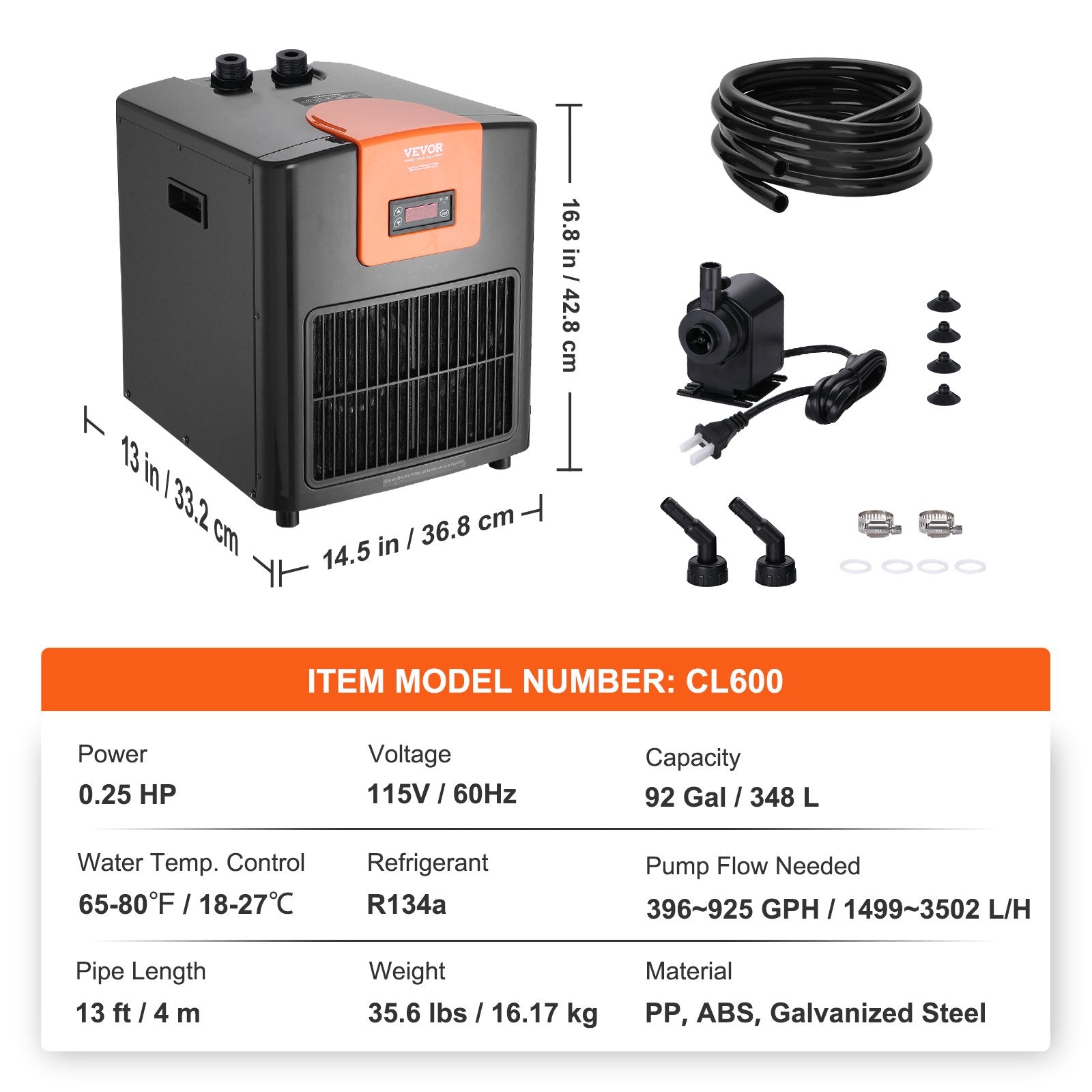 VEVOR Aquarium Chiller, 92 Gal 348 L, 1/4 HP Hydroponic Water Chiller, Quiet Refrigeration Compressor for Seawater and Fresh Water, Fish Tank Cooling System with Pump/Hose, for Jellyfish, Coral Reef 