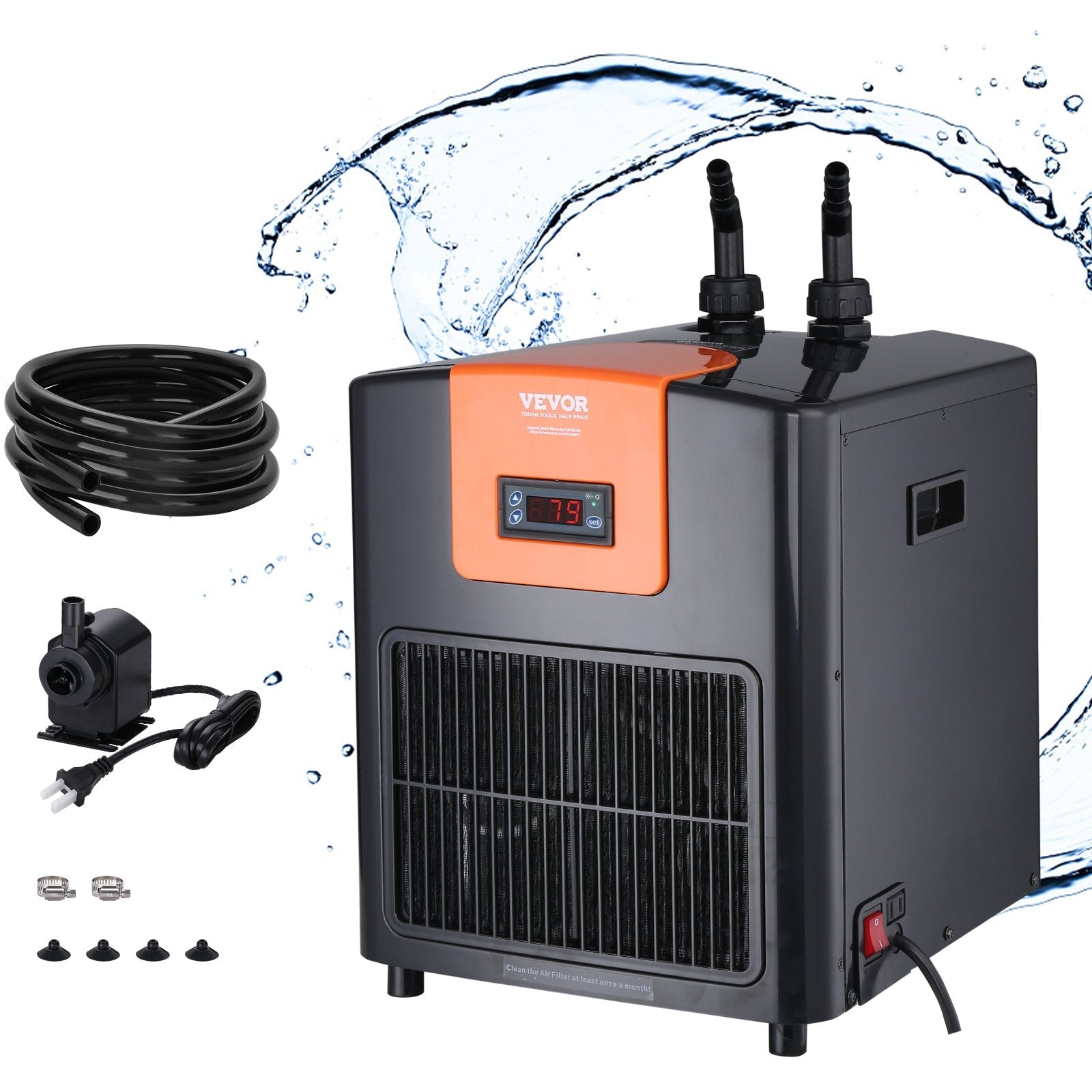 VEVOR Aquarium Chiller, 92 Gal 348 L, 1/4 HP Hydroponic Water Chiller, Quiet Refrigeration Compressor for Seawater and Fresh Water, Fish Tank Cooling System with Pump/Hose, for Jellyfish, Coral Reef 
