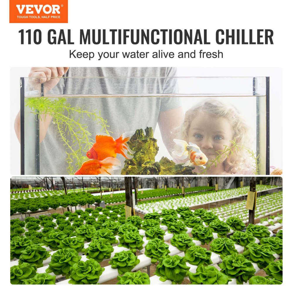 VEVOR Aquarium Chiller, 110 Gal 416 L, 1/3 HP Hydroponic Water Chiller, Quiet Refrigeration Compressor for Seawater and Fresh Water, Fish Tank Cooling System with Pump/Hose, for Jellyfish, Coral Reef 