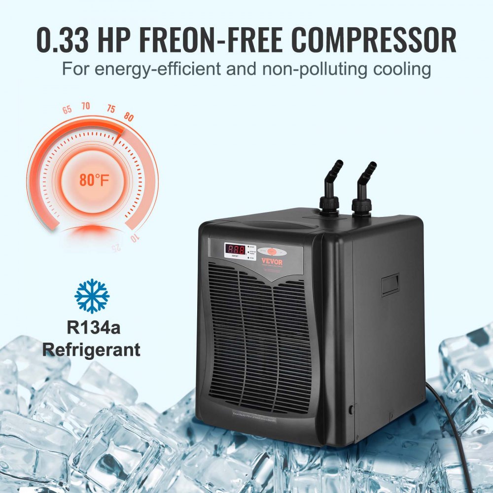 VEVOR Aquarium Chiller, 110 Gal 416 L, 1/3 HP Hydroponic Water Chiller, Quiet Refrigeration Compressor for Seawater and Fresh Water, Fish Tank Cooling System with Pump/Hose, for Jellyfish, Coral Reef 