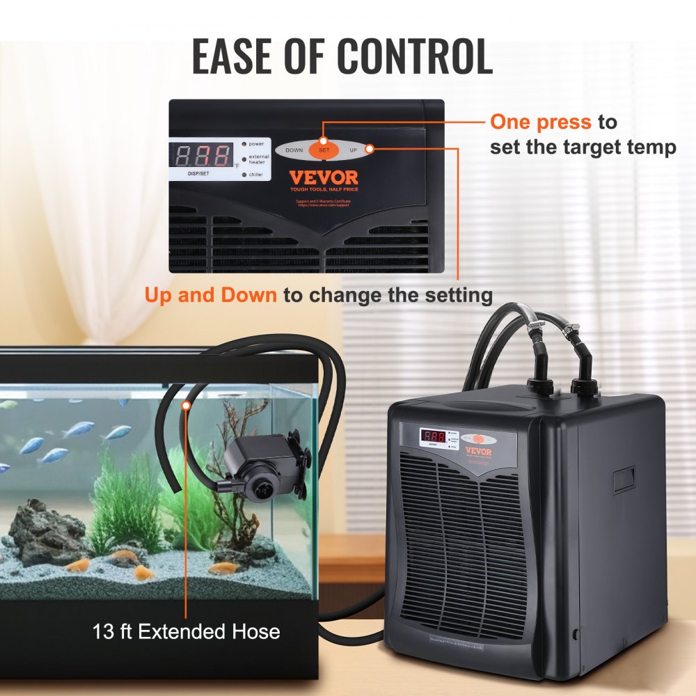 VEVOR Aquarium Chiller, 110 Gal 416 L, 1/3 HP Hydroponic Water Chiller, Quiet Refrigeration Compressor for Seawater and Fresh Water, Fish Tank Cooling System with Pump/Hose, for Jellyfish, Coral Reef 