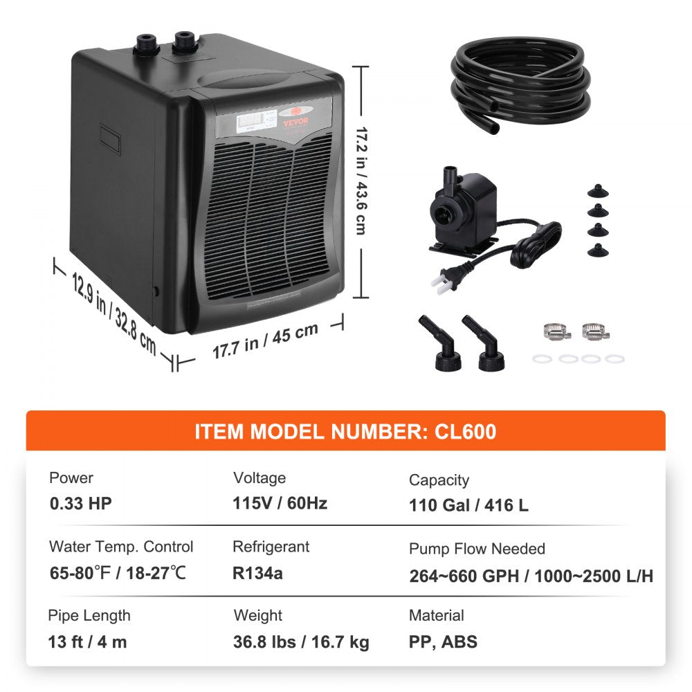 VEVOR Aquarium Chiller, 110 Gal 416 L, 1/3 HP Hydroponic Water Chiller, Quiet Refrigeration Compressor for Seawater and Fresh Water, Fish Tank Cooling System with Pump/Hose, for Jellyfish, Coral Reef 