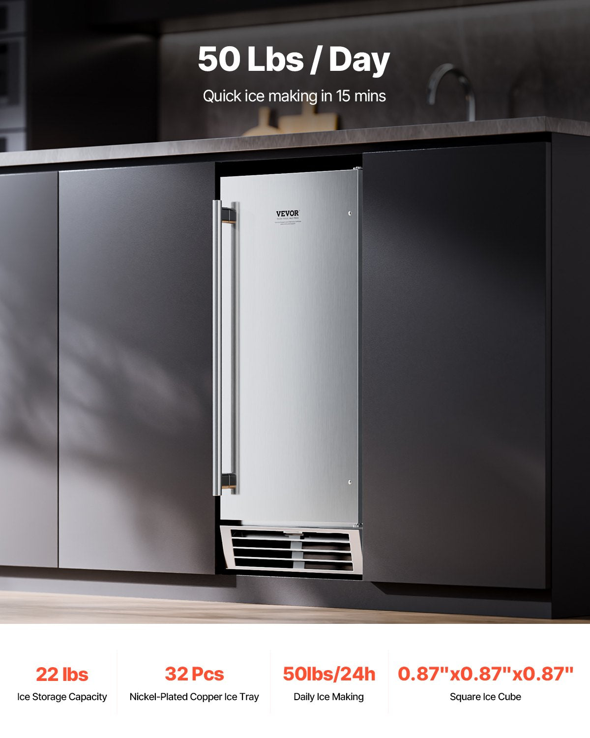 VEVOR Undercounter Built-in Ice Maker 50 Lbs/Day Reversible Door Outdoor Use 