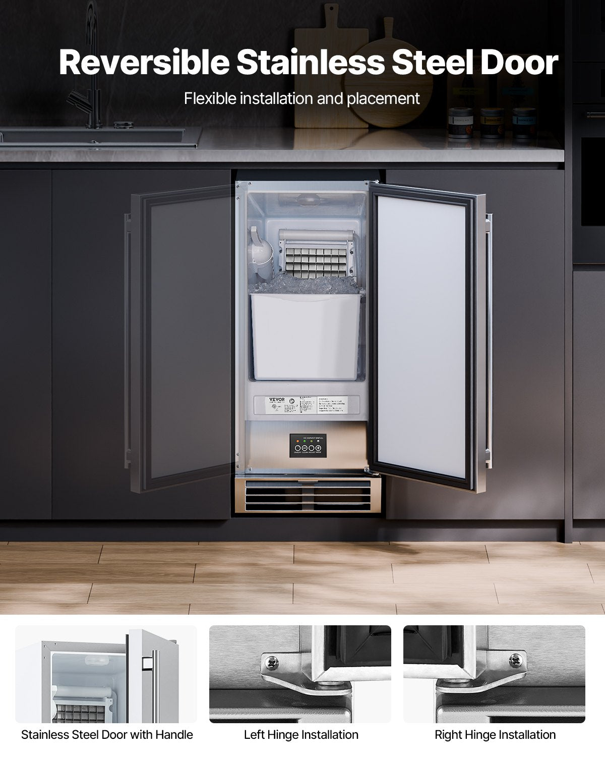 VEVOR Undercounter Built-in Ice Maker 50 Lbs/Day Reversible Door Outdoor Use 