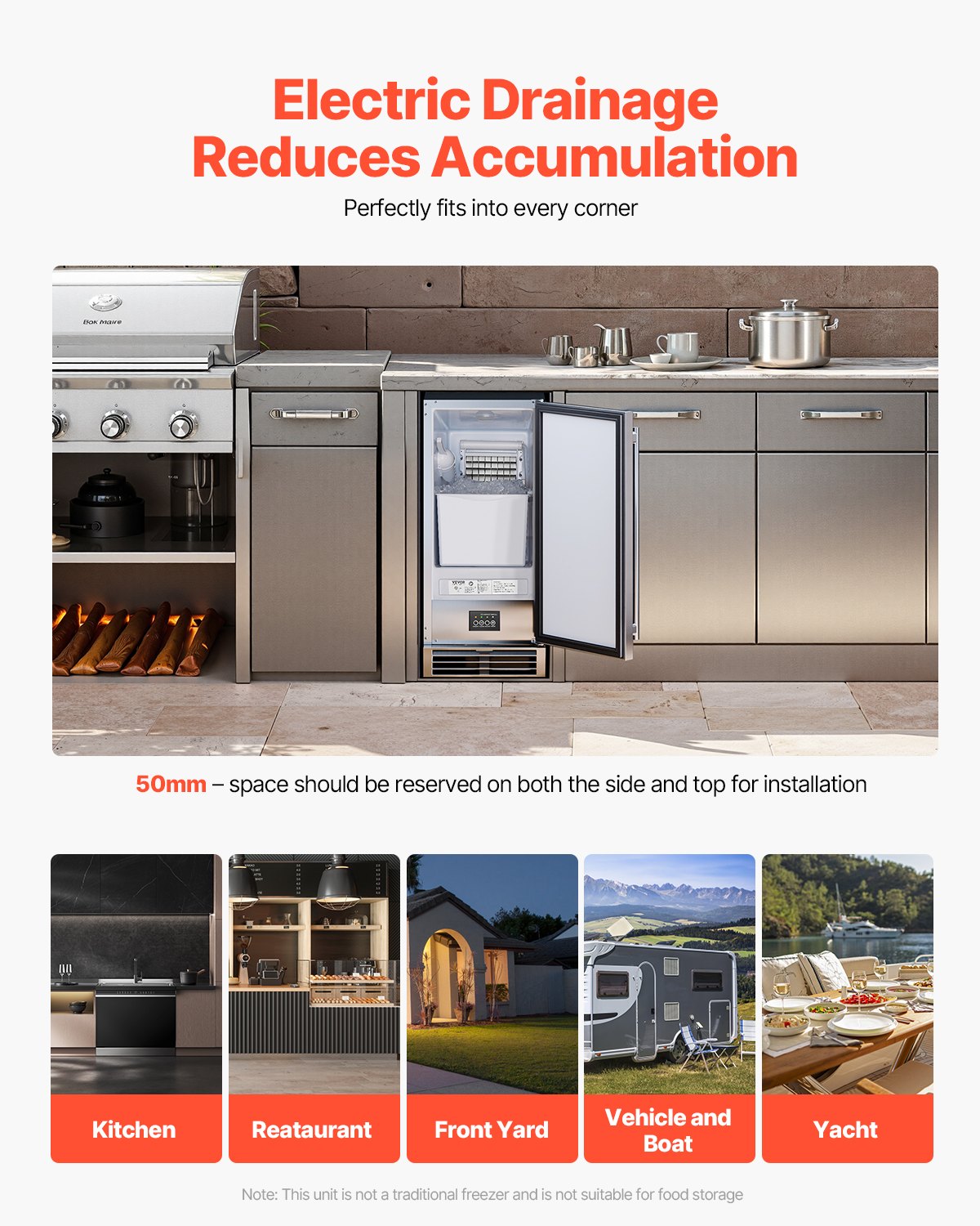 VEVOR Undercounter Built-in Ice Maker 50 Lbs/Day Reversible Door Outdoor Use 