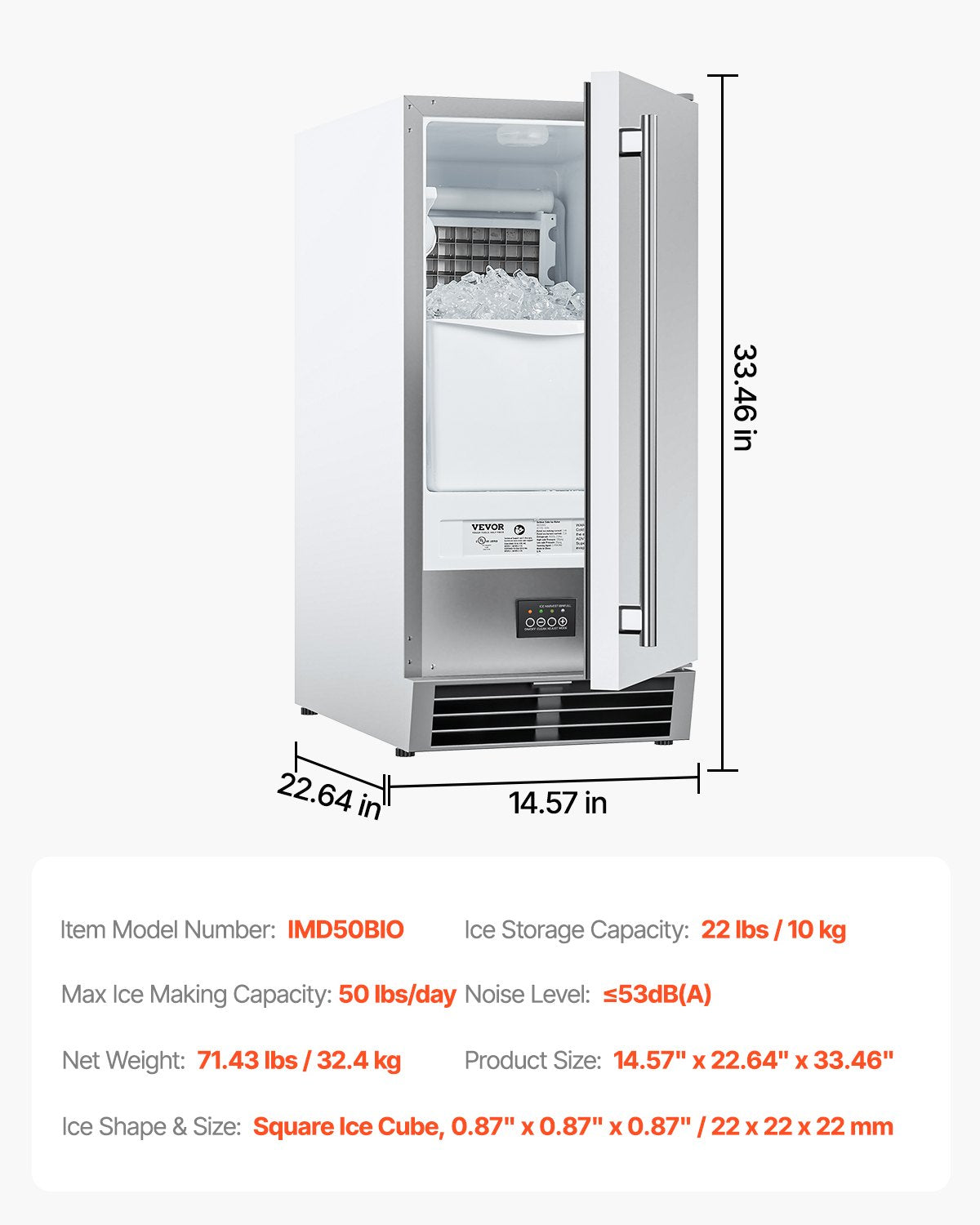 VEVOR Undercounter Built-in Ice Maker 50 Lbs/Day Reversible Door Outdoor Use 